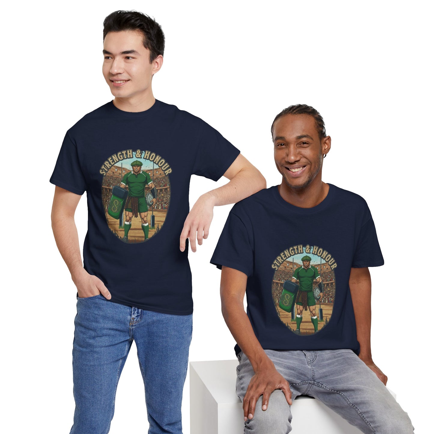 Two Men wearing Navy t-shirt with a graphic of a Irish rugby player with `Strength & Honour` text on a white background