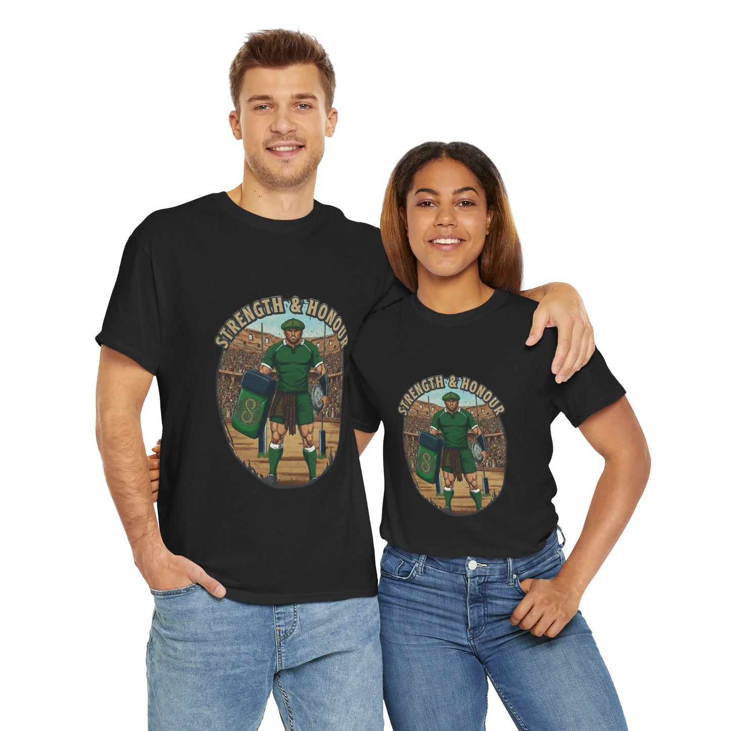 Couple wearing Black t-shirt with a graphic of a Irish rugby player with `Strength & Honour` text on a white background