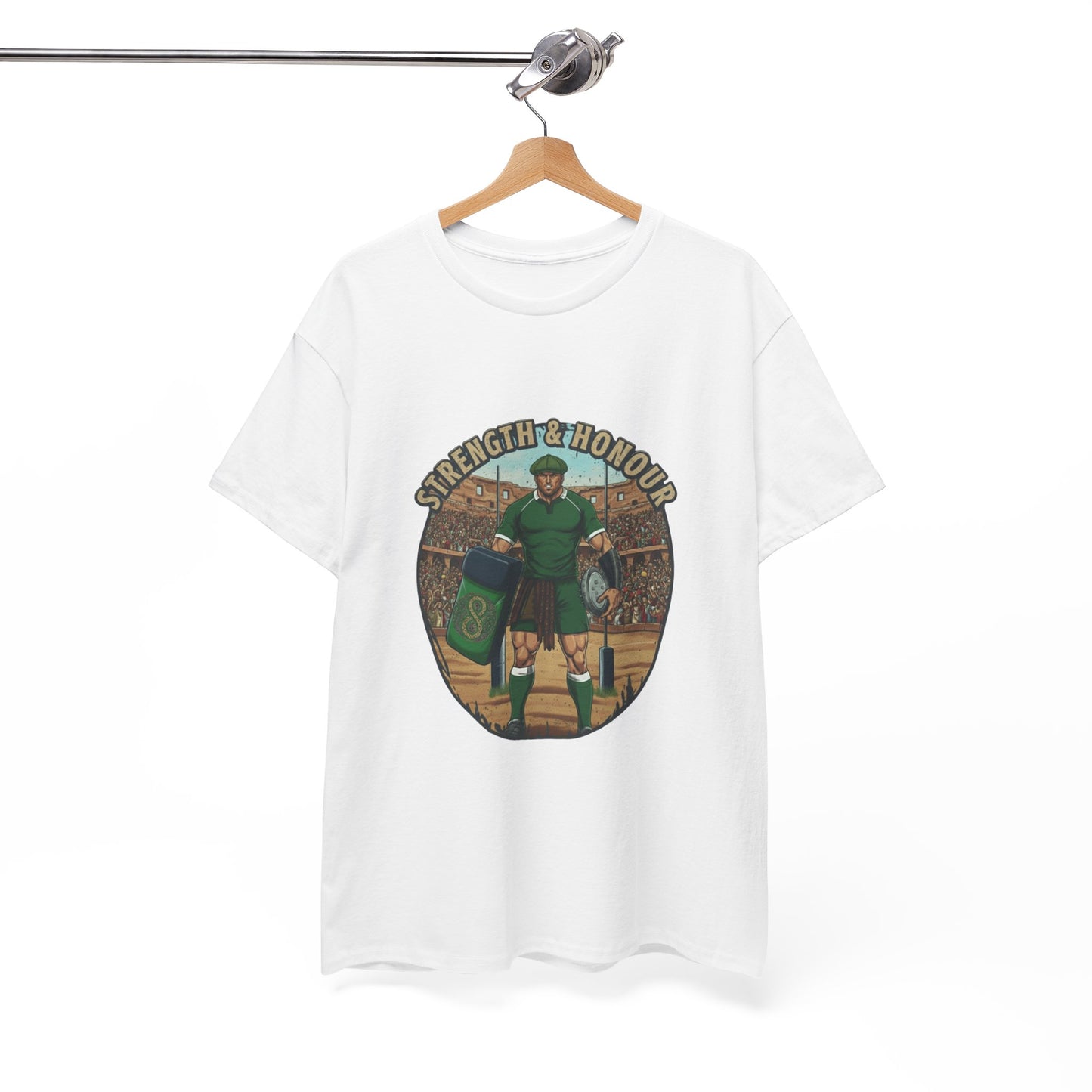 White t-shirt with a graphic of a Irish rugby player with `Strength & Honour` text on a white background, on a hanger.