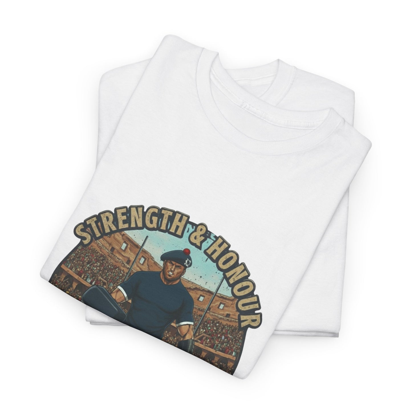 Folded White t-shirt with a graphic of a Scottish rugby player wearing a kilt and `Strength & Honour` text on a white background