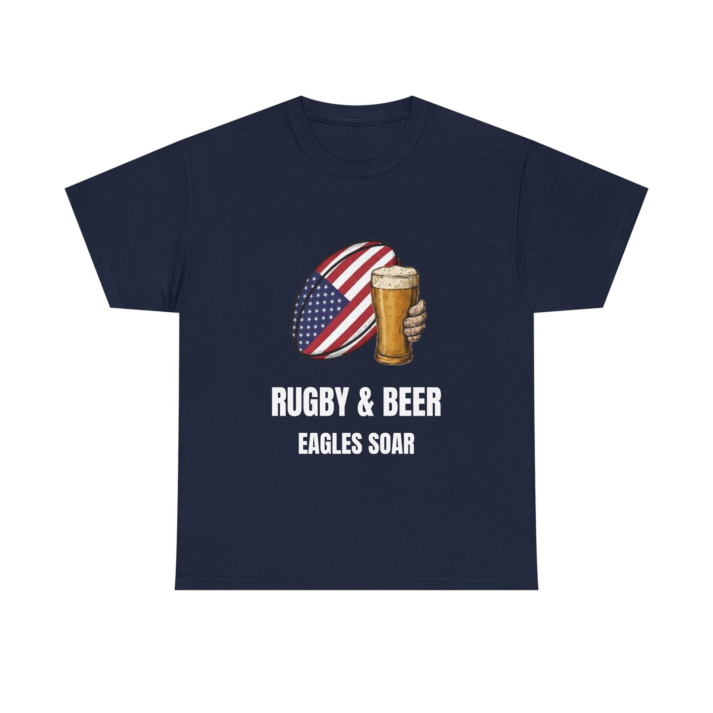 Navy blue Eagles Soar t-shirt with rugby and beer graphic and text on a white background flat