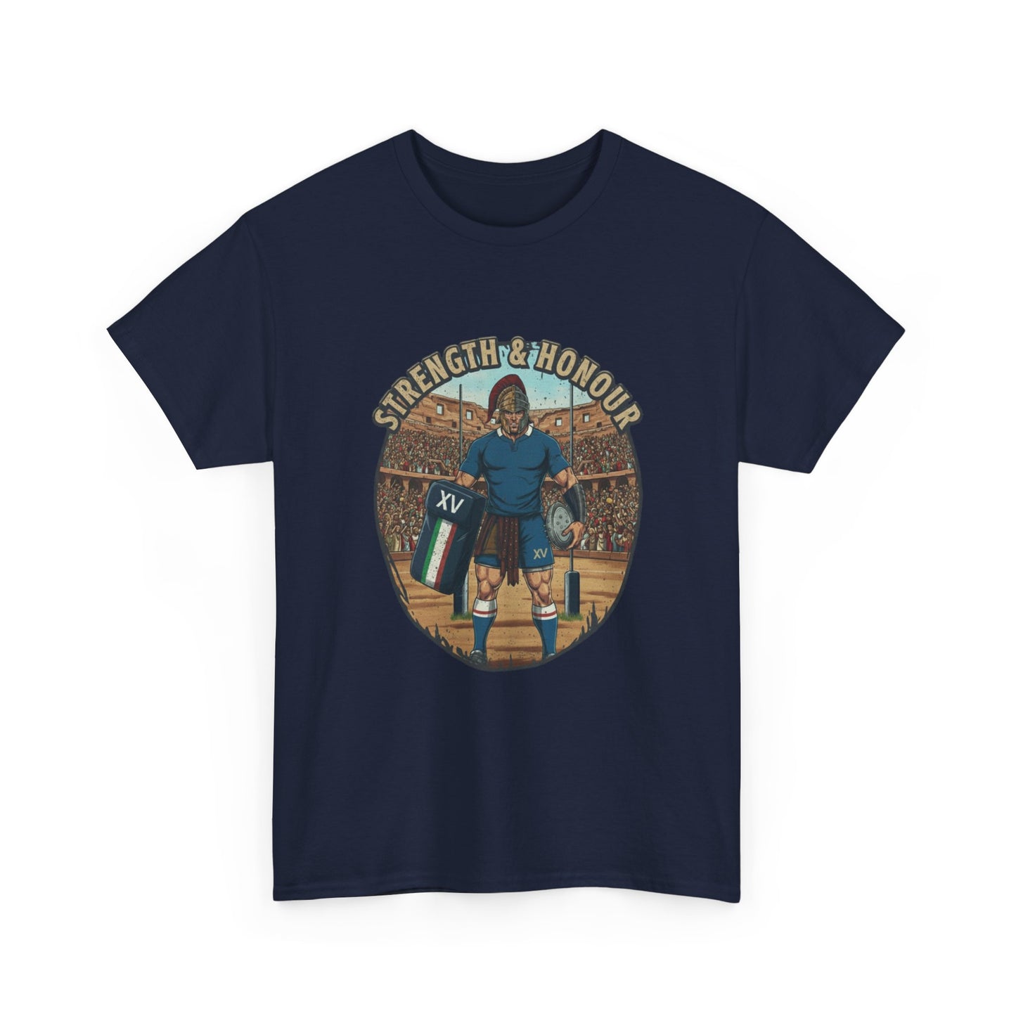 Navy t-shirt with a graphic of an Italian rugby player with `Strength & Honour` text on a white background