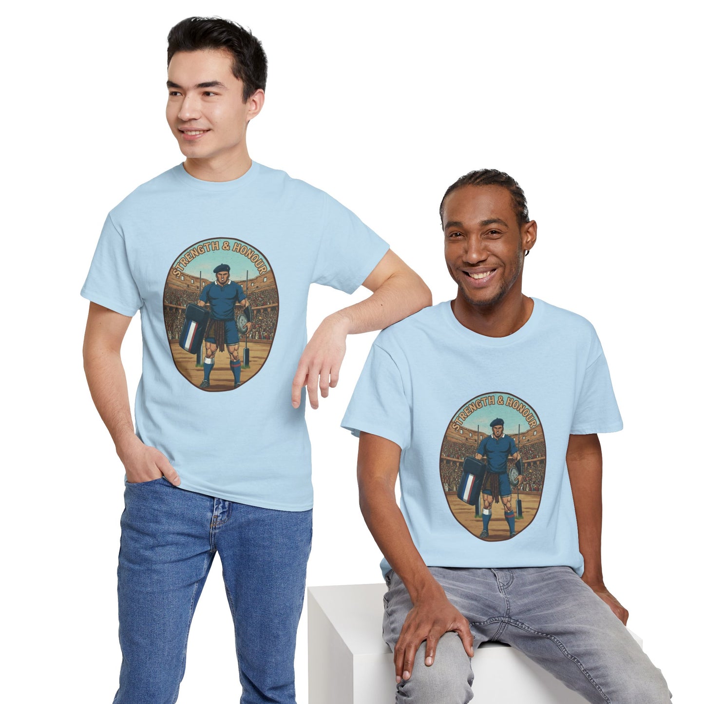 Two men wearing a Light blue t-shirt with a graphic of a French rugby player and `Strength & Honour` text on a white background