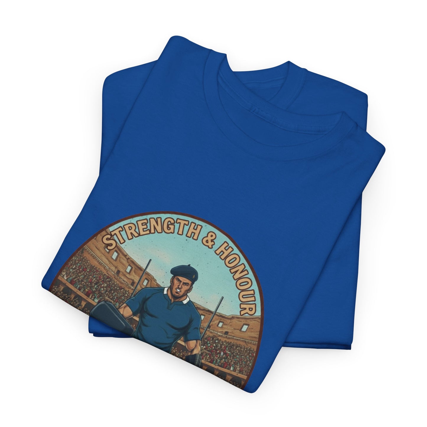 Folded blue French Rugby t-shirt with 'Strength & Honour' graphic on a white background