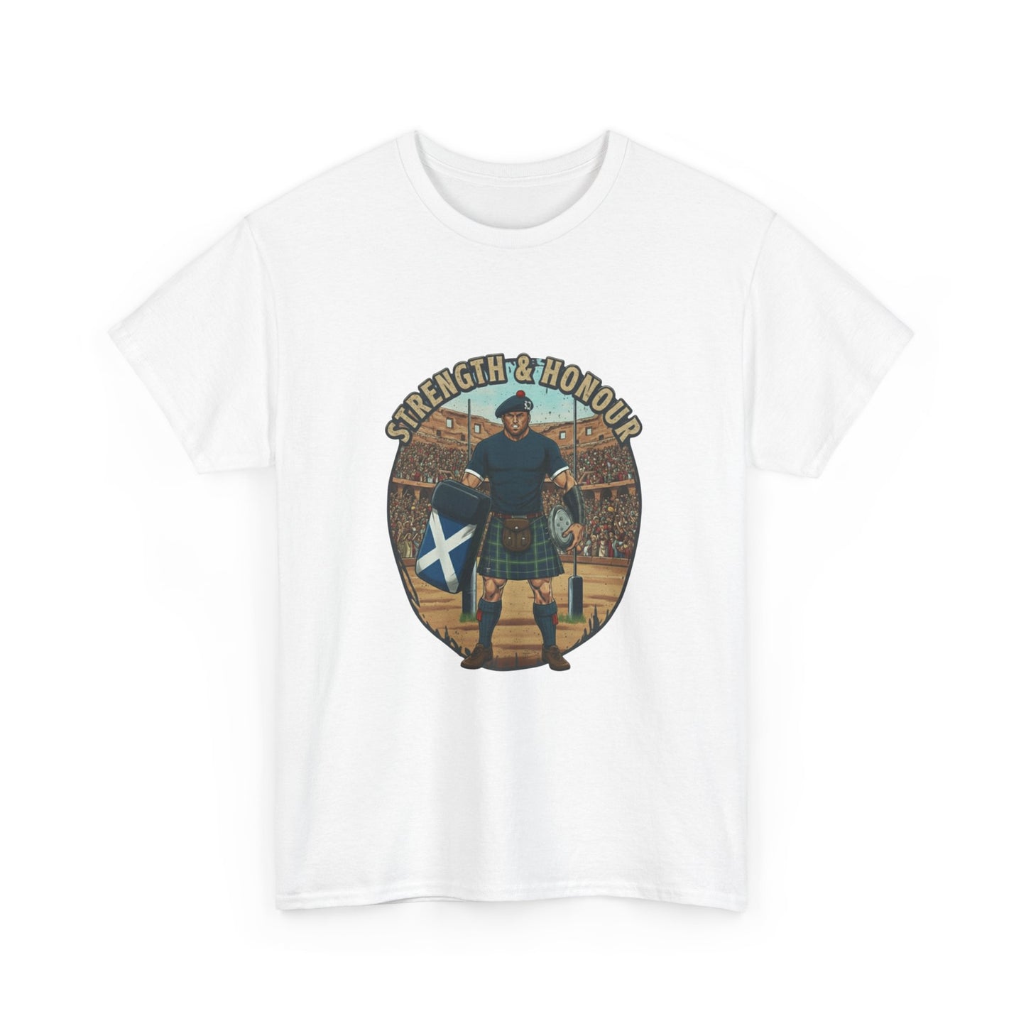 White t-shirt with a graphic of a Scottish rugby player wearing a kilt and `Strength & Honour` text on a white background