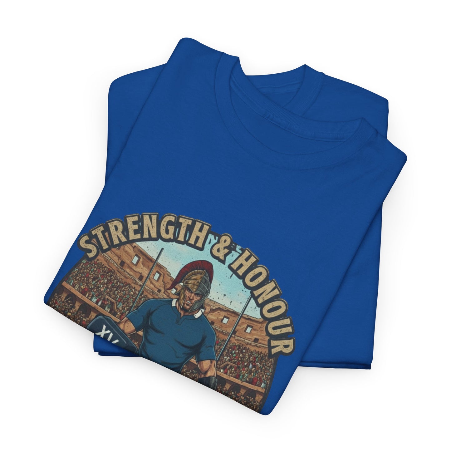 Folded Blue t-shirt with a graphic of an Italian rugby player with `Strength & Honour` text on a white background