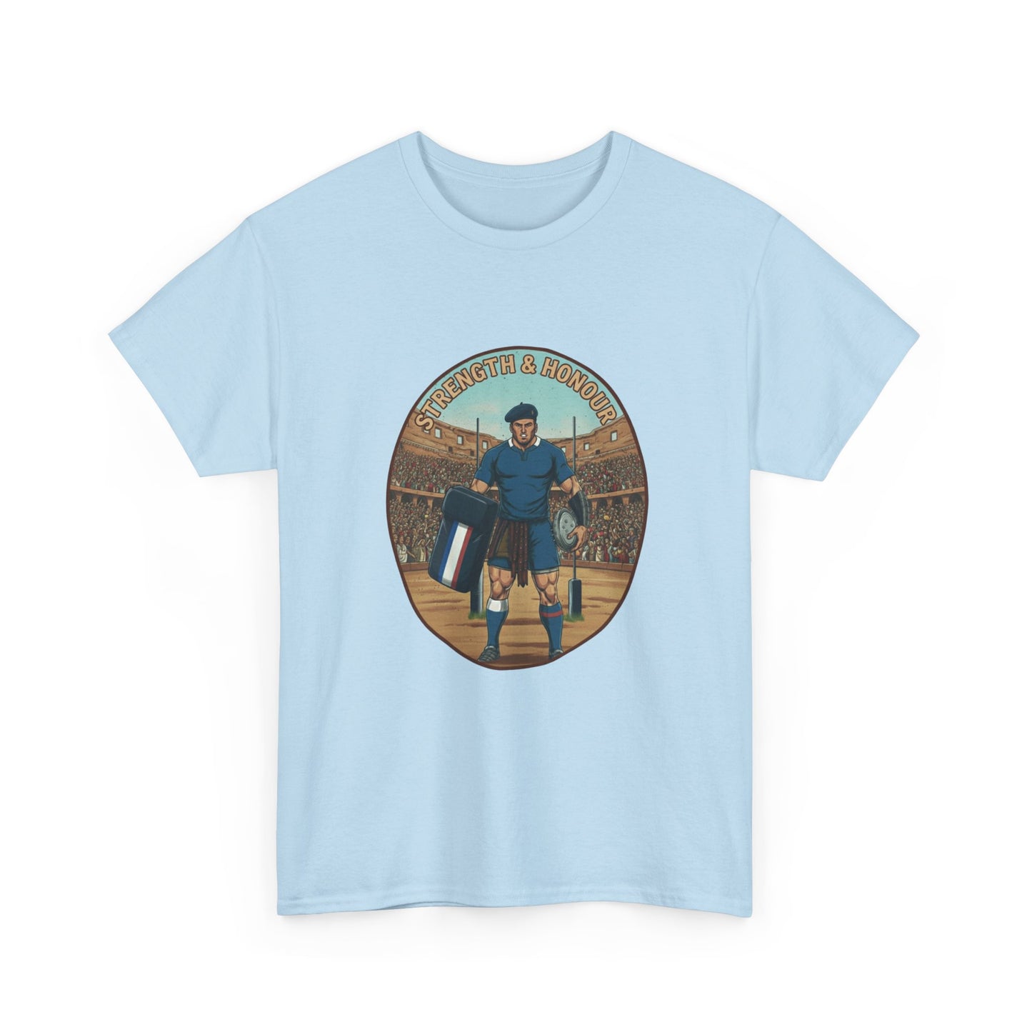 Light blue t-shirt with a graphic of a French rugby player and `Strength & Honour` text on a white background