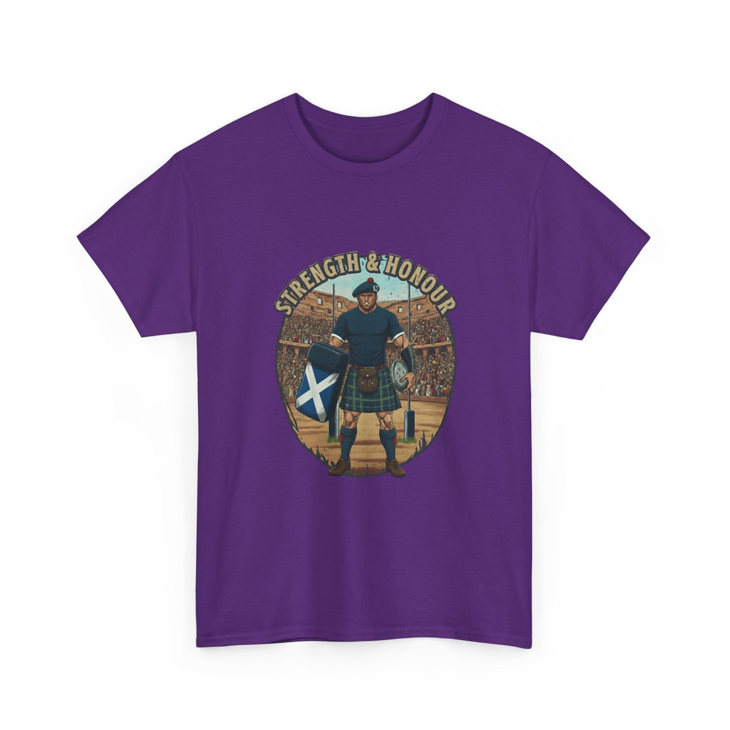 Purple t-shirt with a graphic of a Scottish rugby player wearing a kilt and `Strength & Honour` text on a white background