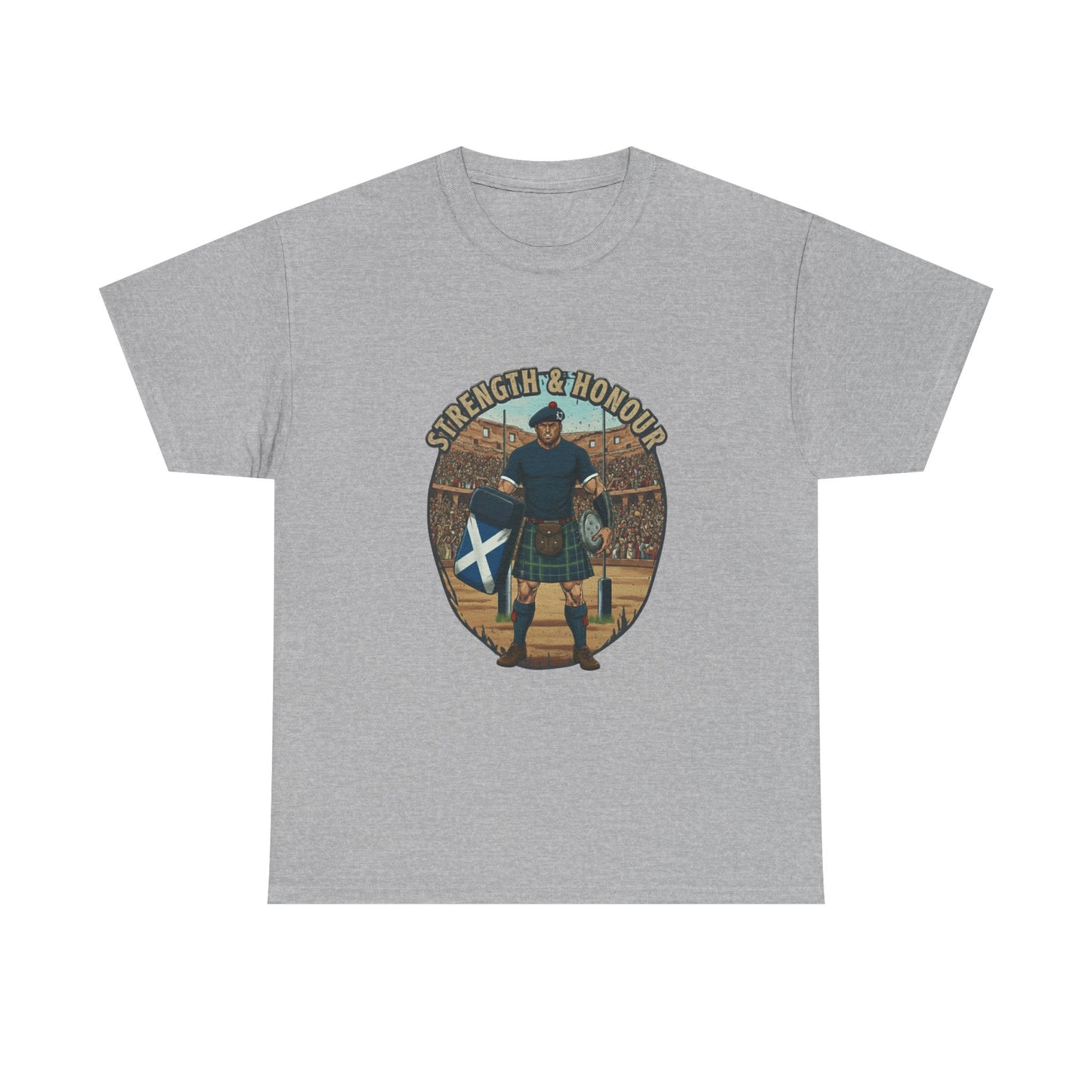 Light Grey t-shirt with a graphic of a Scottish rugby player and `Strength & Honour` text on a white background