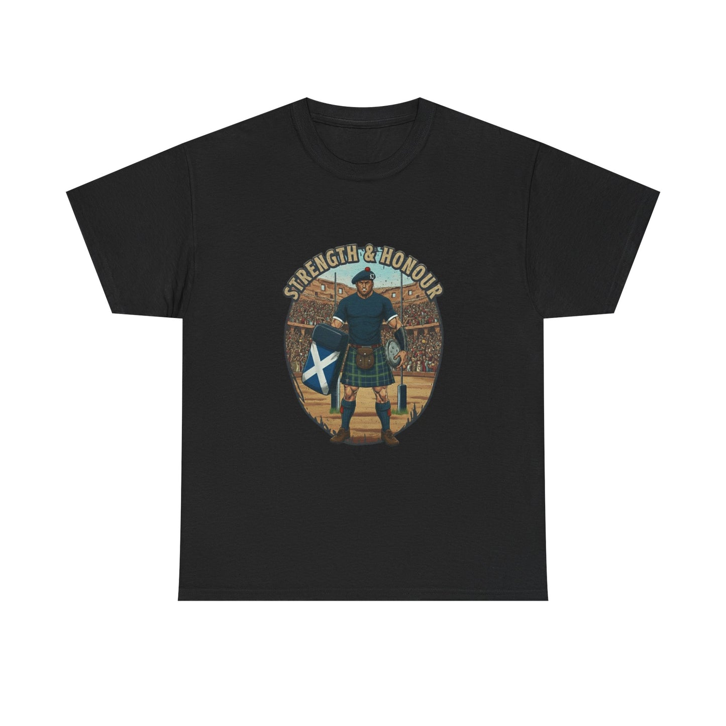 Black t-shirt with a graphic of a Scottish rugby player and `Strength & Honour` text on a white background