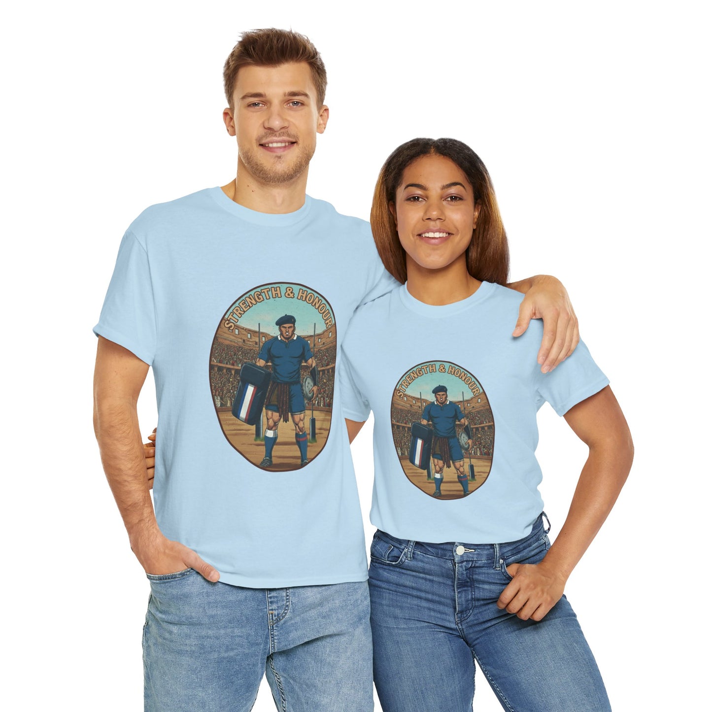 Couple wearing a Light blue t-shirt with a graphic of a French rugby player and `Strength & Honour` text on a white background