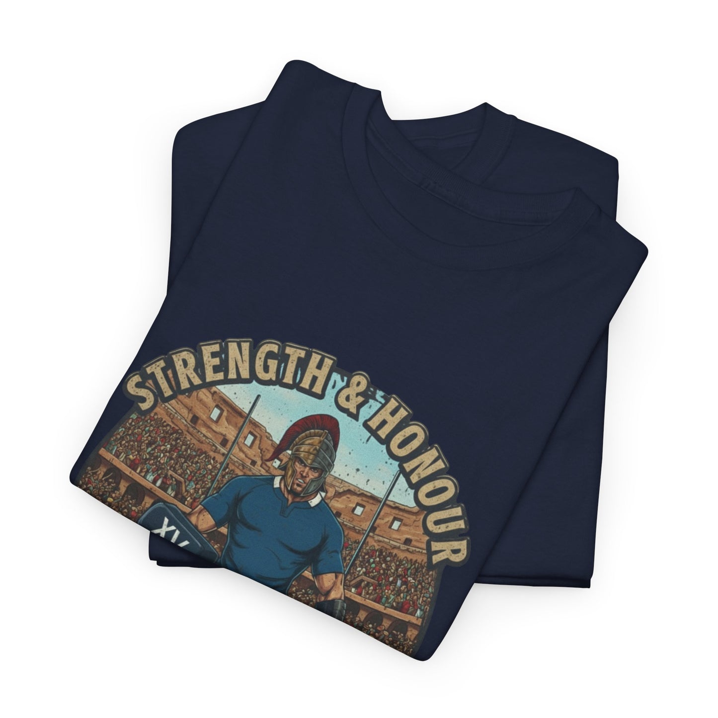 Folded Navy t-shirt with a graphic of an Italian rugby player with `Strength & Honour` text on a white background