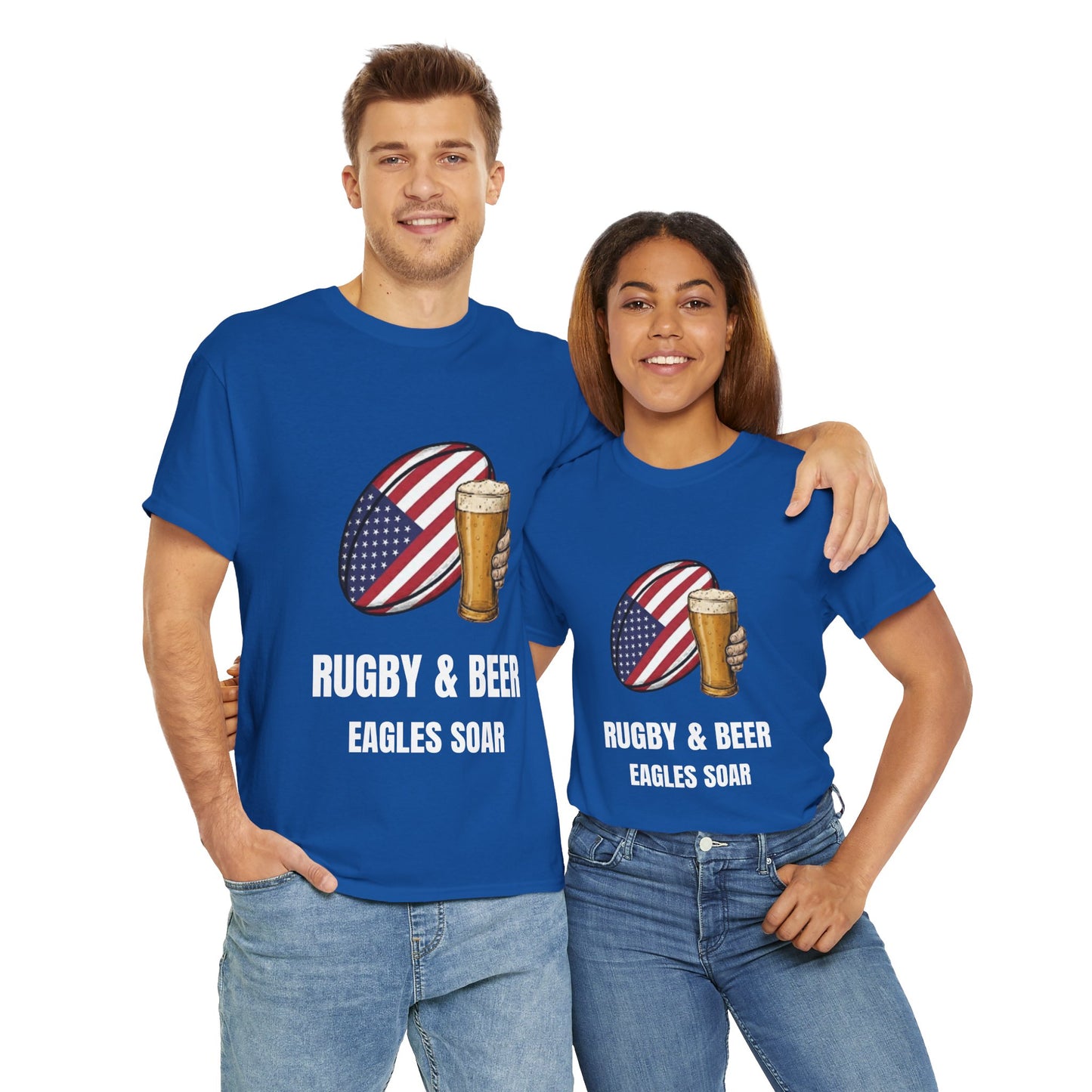 Couple wearing wearing Black Eagles Soar t-shirt with rugby and beer graphic and text on a white background