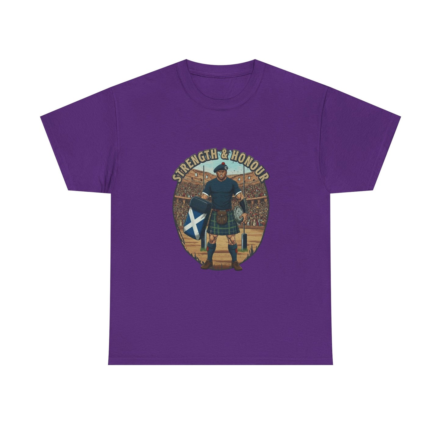 Purple t-shirt with a graphic of a Scottish rugby player and `Strength & Honour` text on a white background