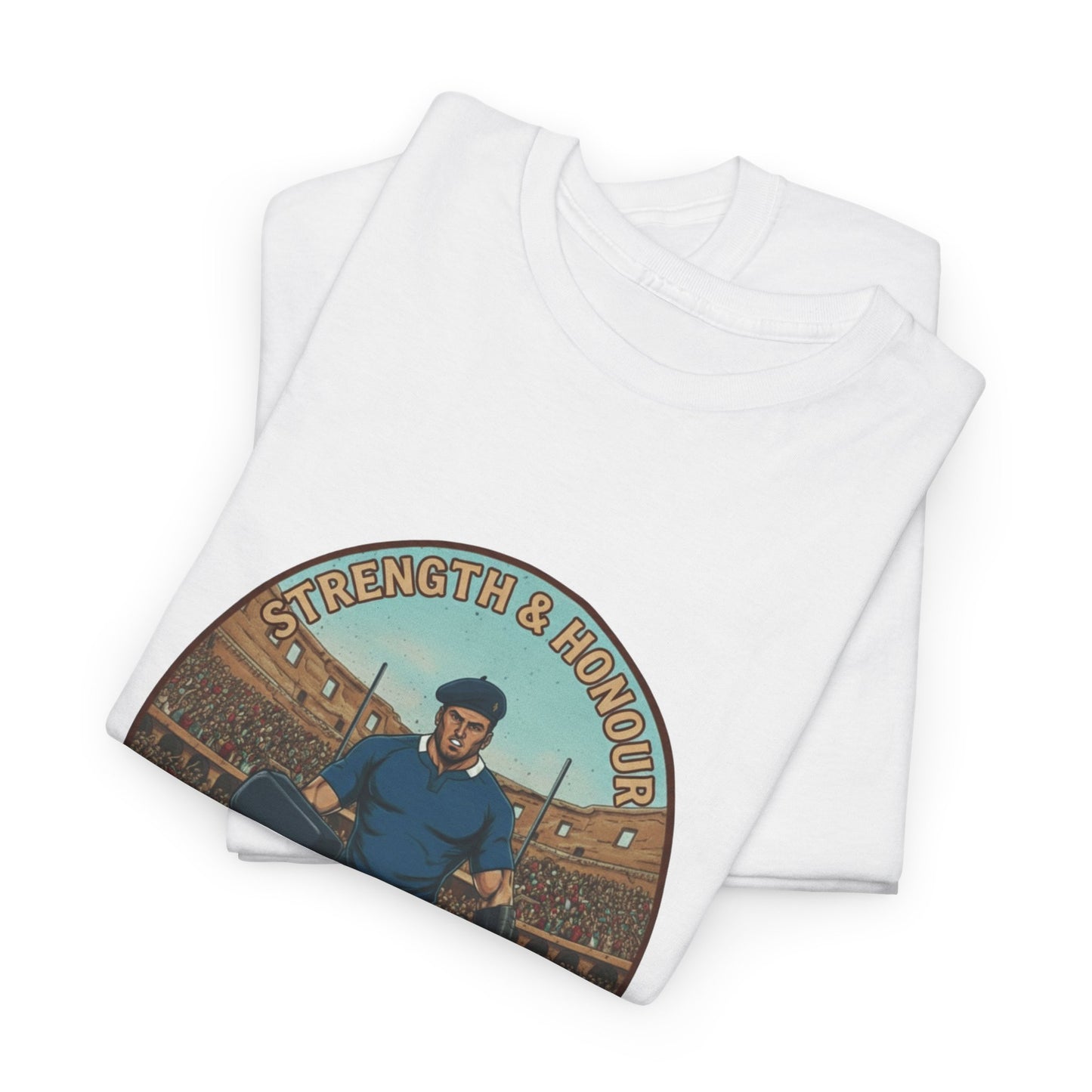 Folded White t-shirt with a graphic of a French rugby player, with 'Strength & Honour' text, on a white background.
