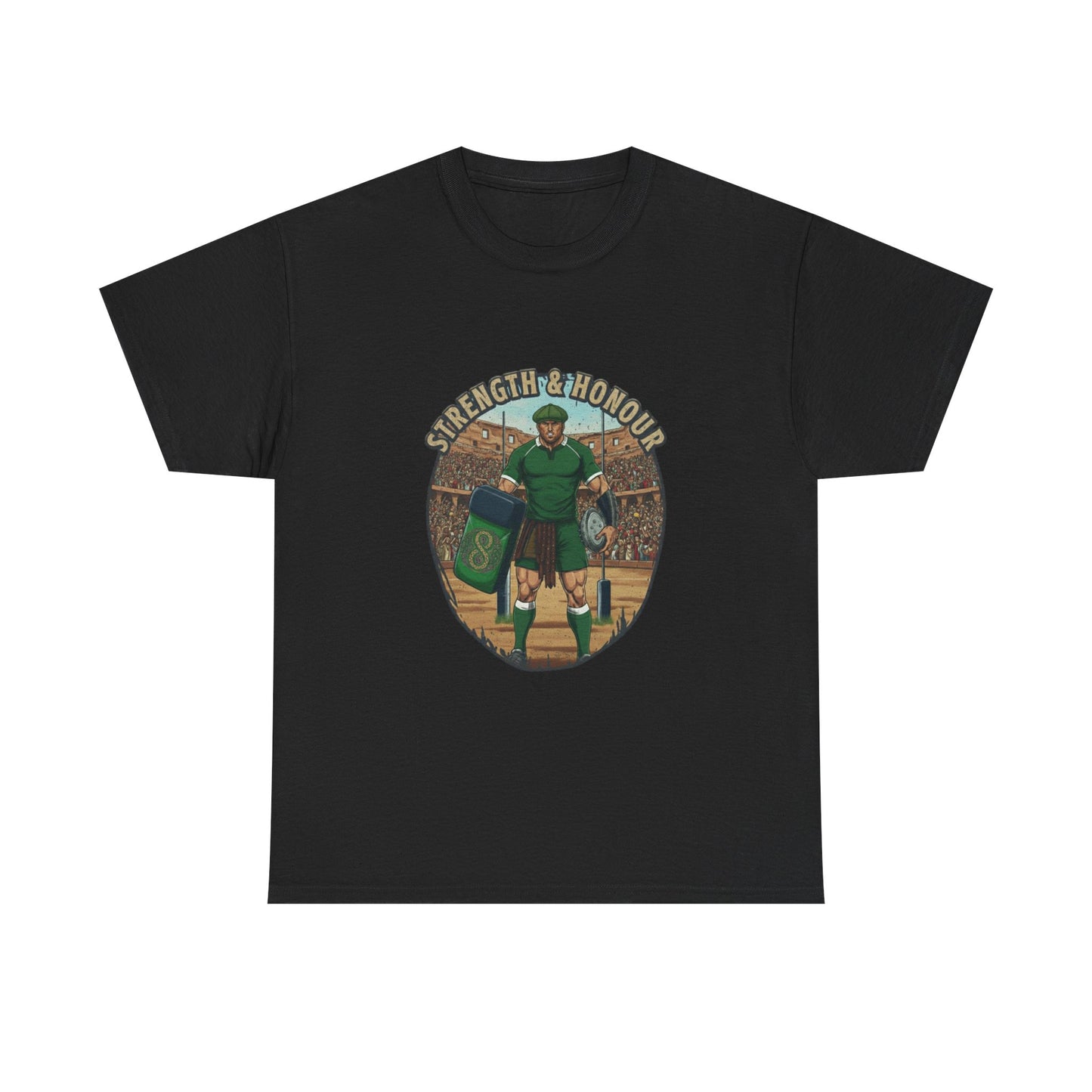 Black t-shirt with a graphic of a Irish rugby player with `Strength & Honour` text on a white background