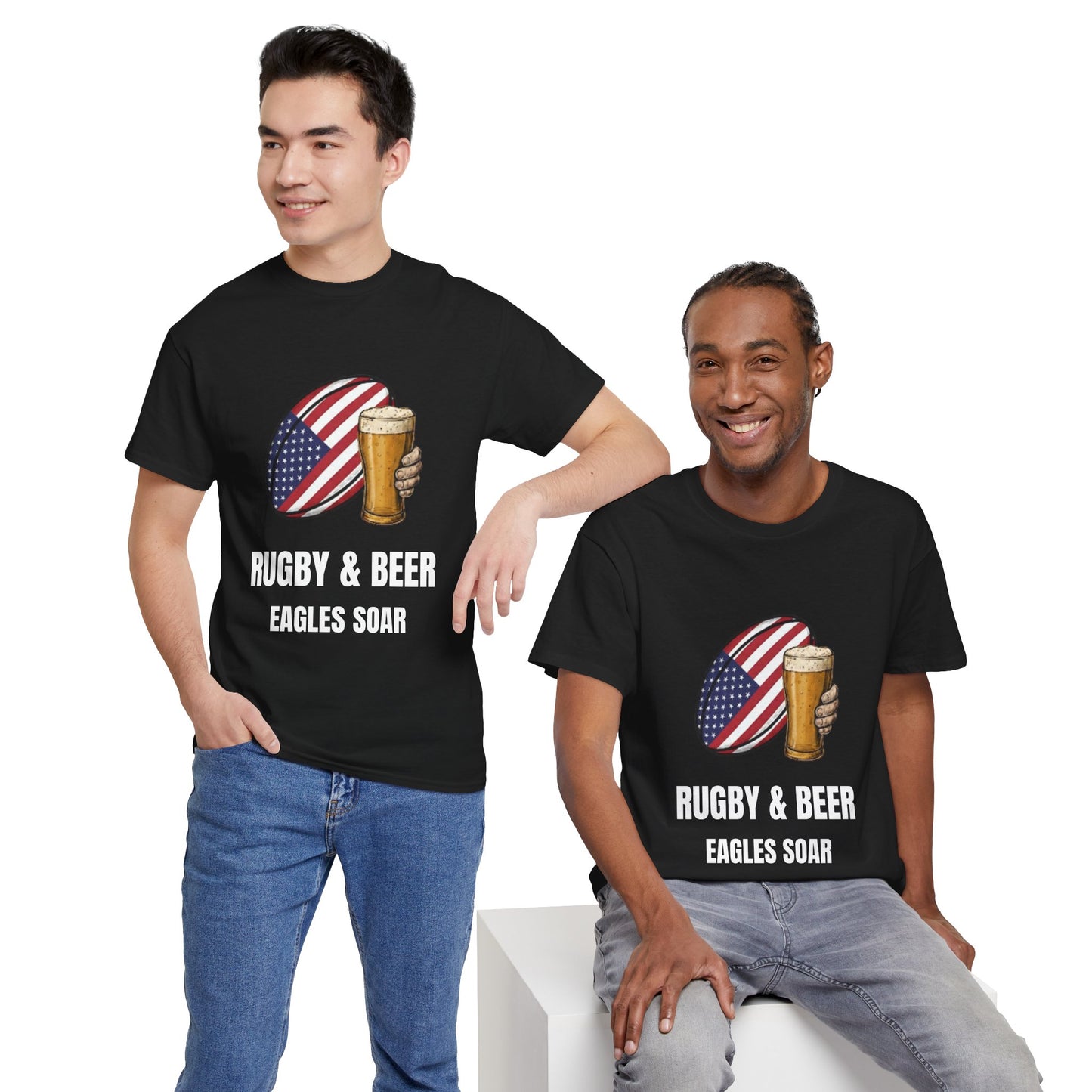 2 Men wearing Black Eagles Soar t-shirt with rugby and beer graphic and text on a white background