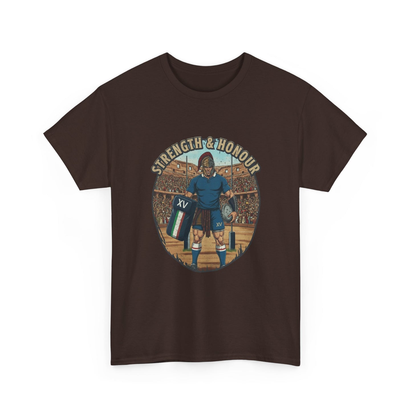 Brown t-shirt with a graphic of an Italian rugby player with `Strength & Honour` text on a white background