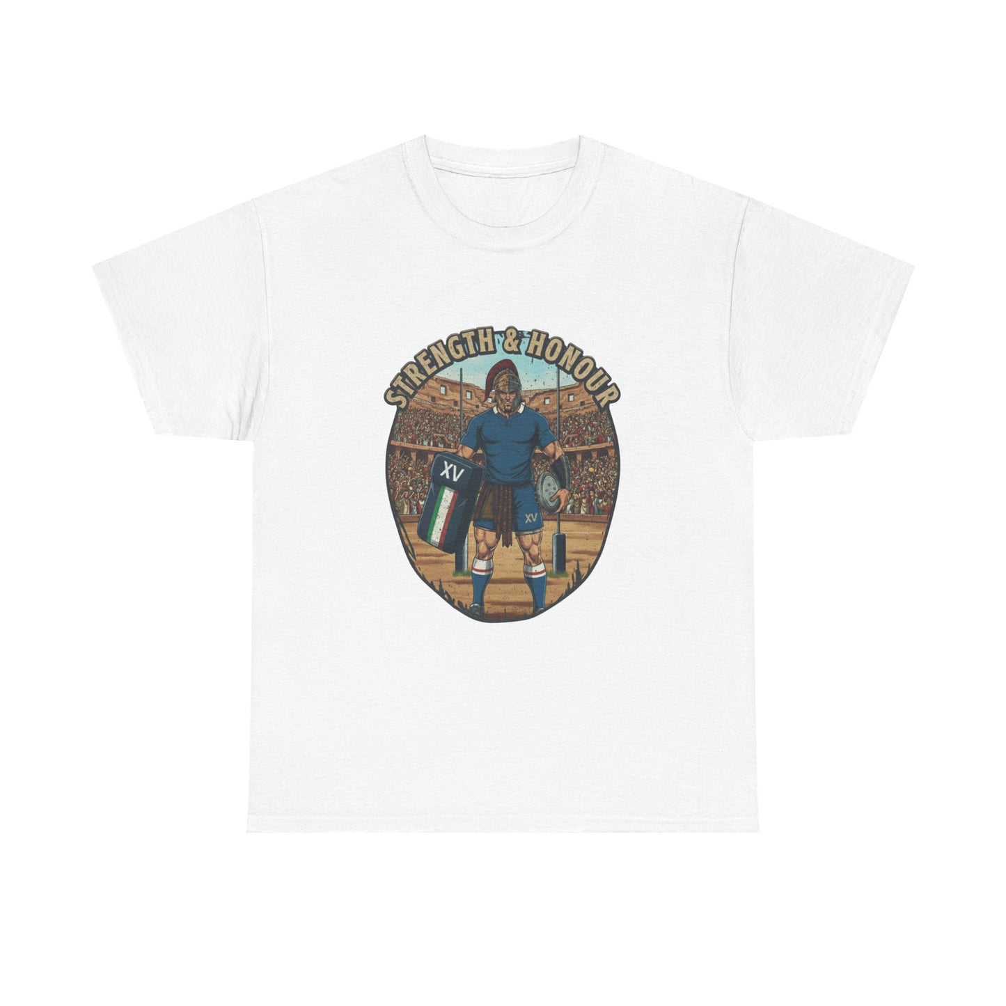White t-shirt with a graphic of an Italian rugby player with `Strength & Honour` text on a white background