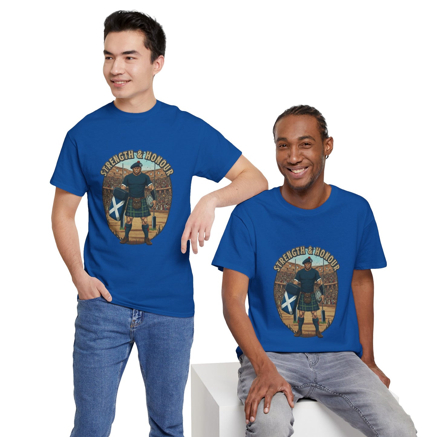 Two Men wearing a Blue t-shirt with a graphic of a Scottish rugby player wearing a kilt and `Strength & Honour` text on a white background