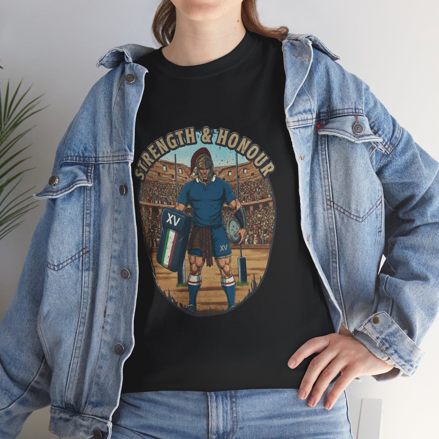 Lifestyle photo of a woman wearing Black t-shirt with a graphic of an Italian rugby player with `Strength & Honour` text on a white background