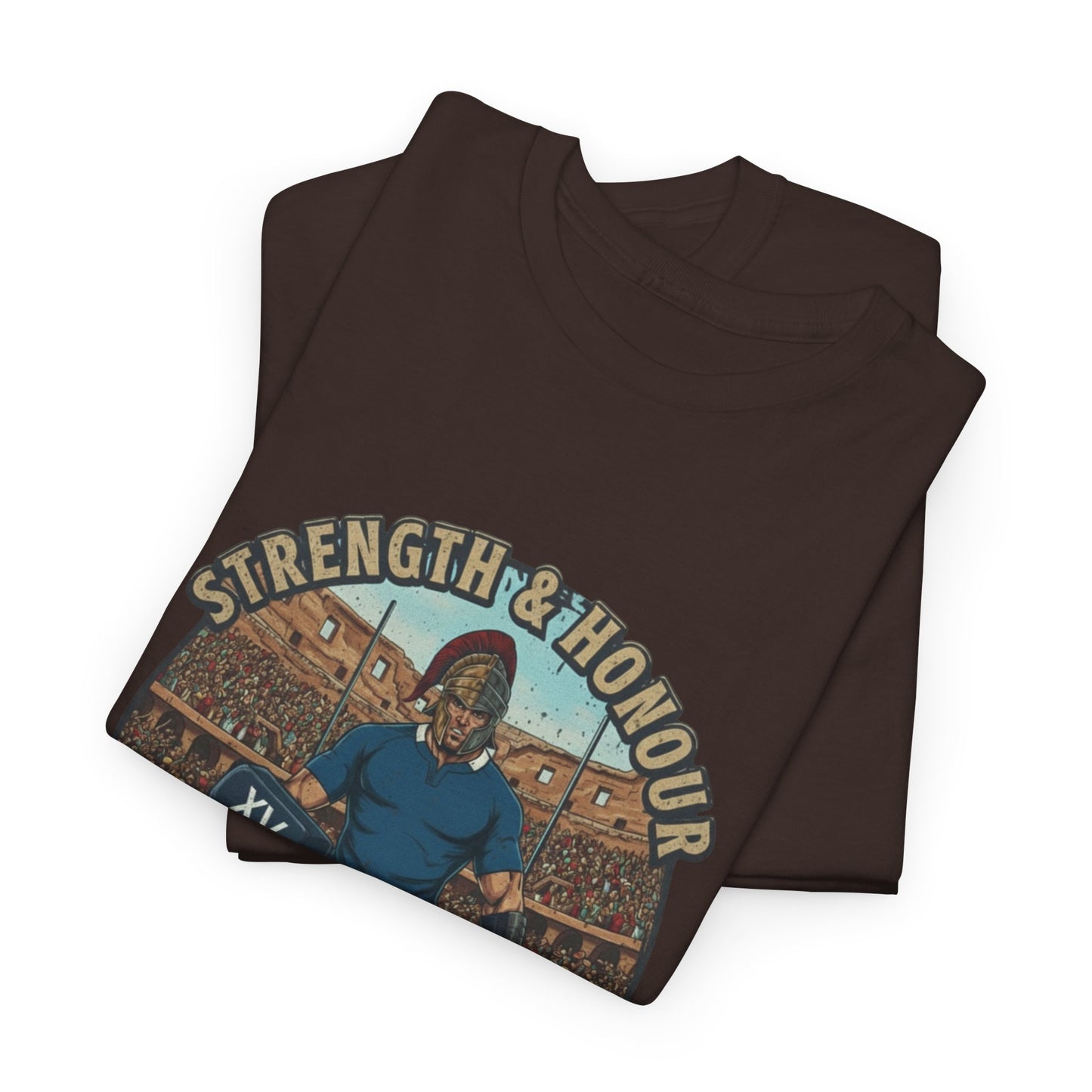 Folded Brown t-shirt with a graphic of an Italian rugby player with `Strength & Honour` text on a white background