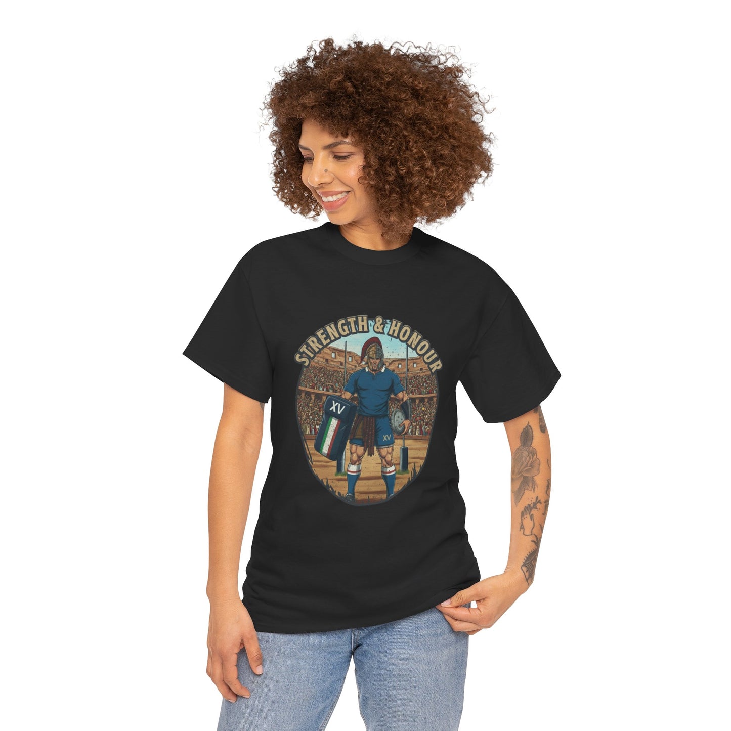 Woman wearing Black t-shirt with a graphic of an Italian rugby player with `Strength & Honour` text on a white background