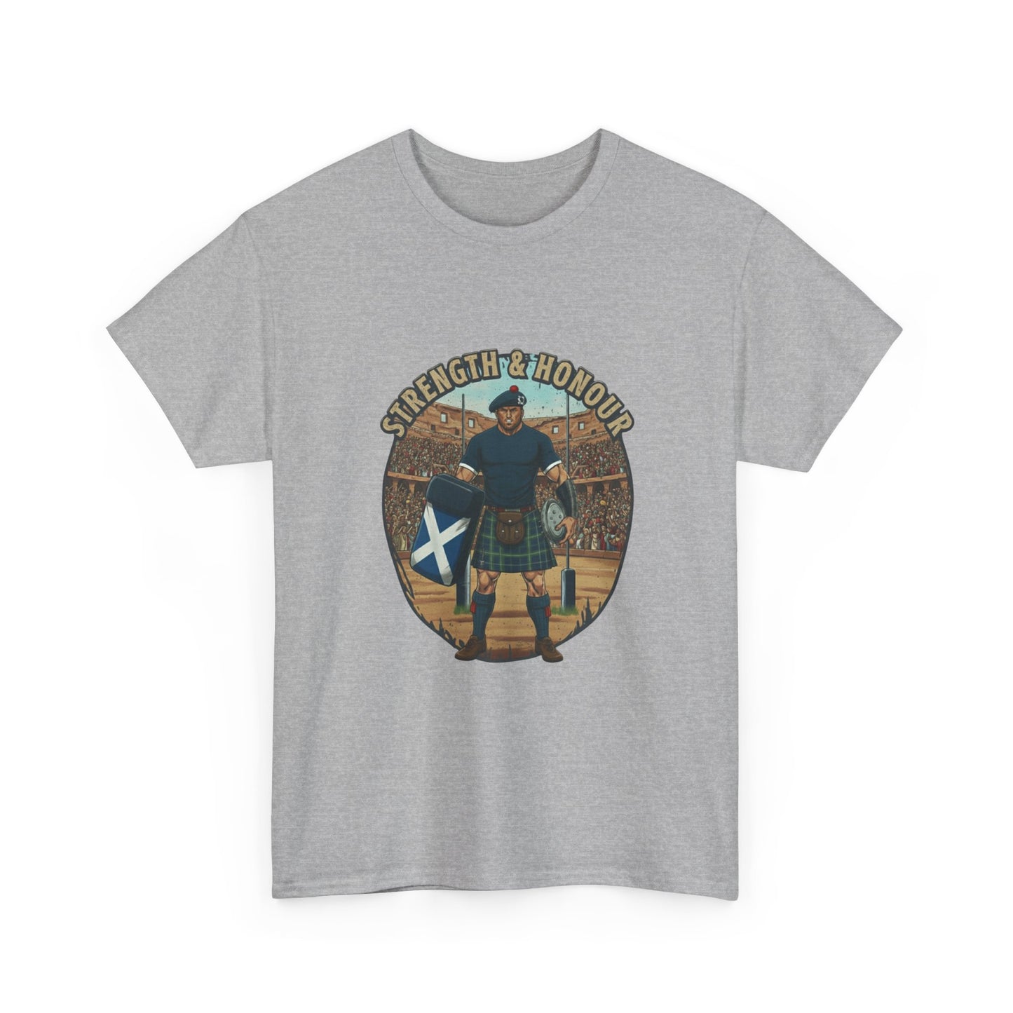 Light grey t-shirt with a graphic of a Scottish rugby player wearing a kilt and `Strength & Honour` text on a white background