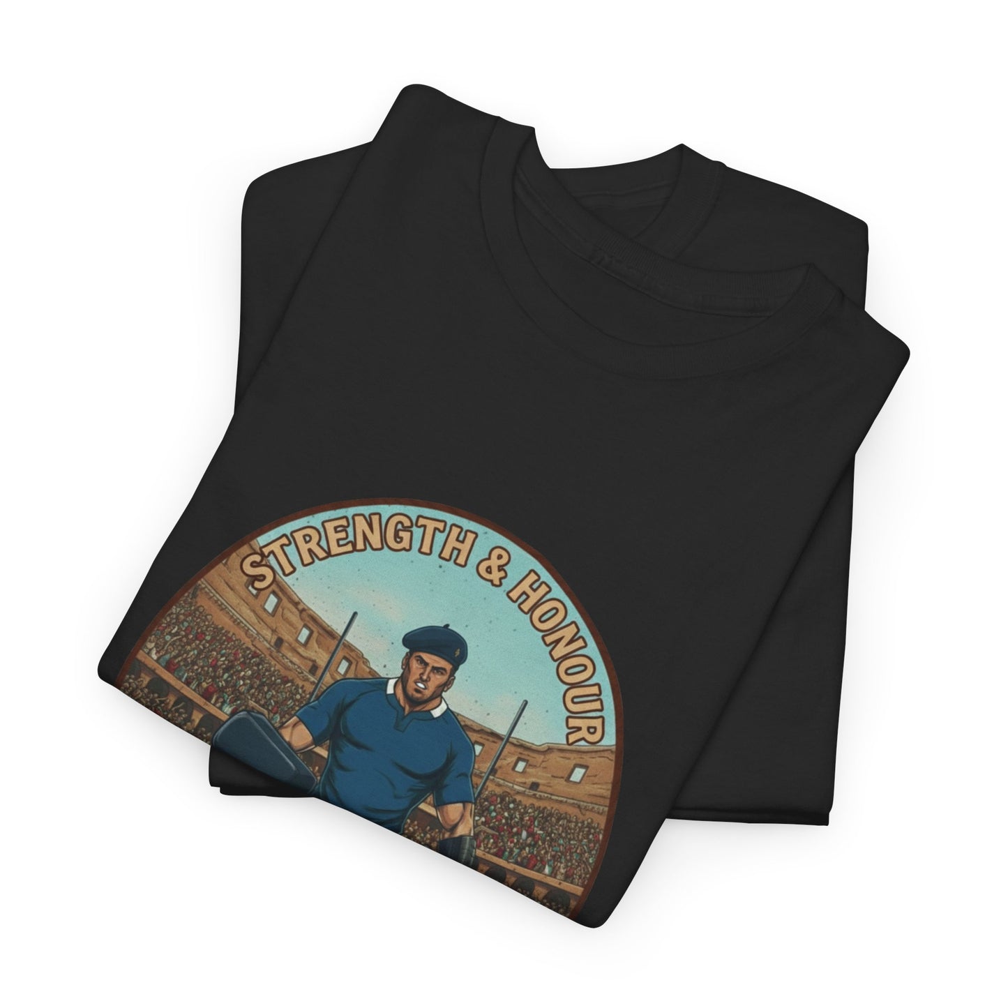 Folded Black t-shirt with a Rugby Player in a blue outfit holding a flag, with 'Strength & Honour' text, on a white background.