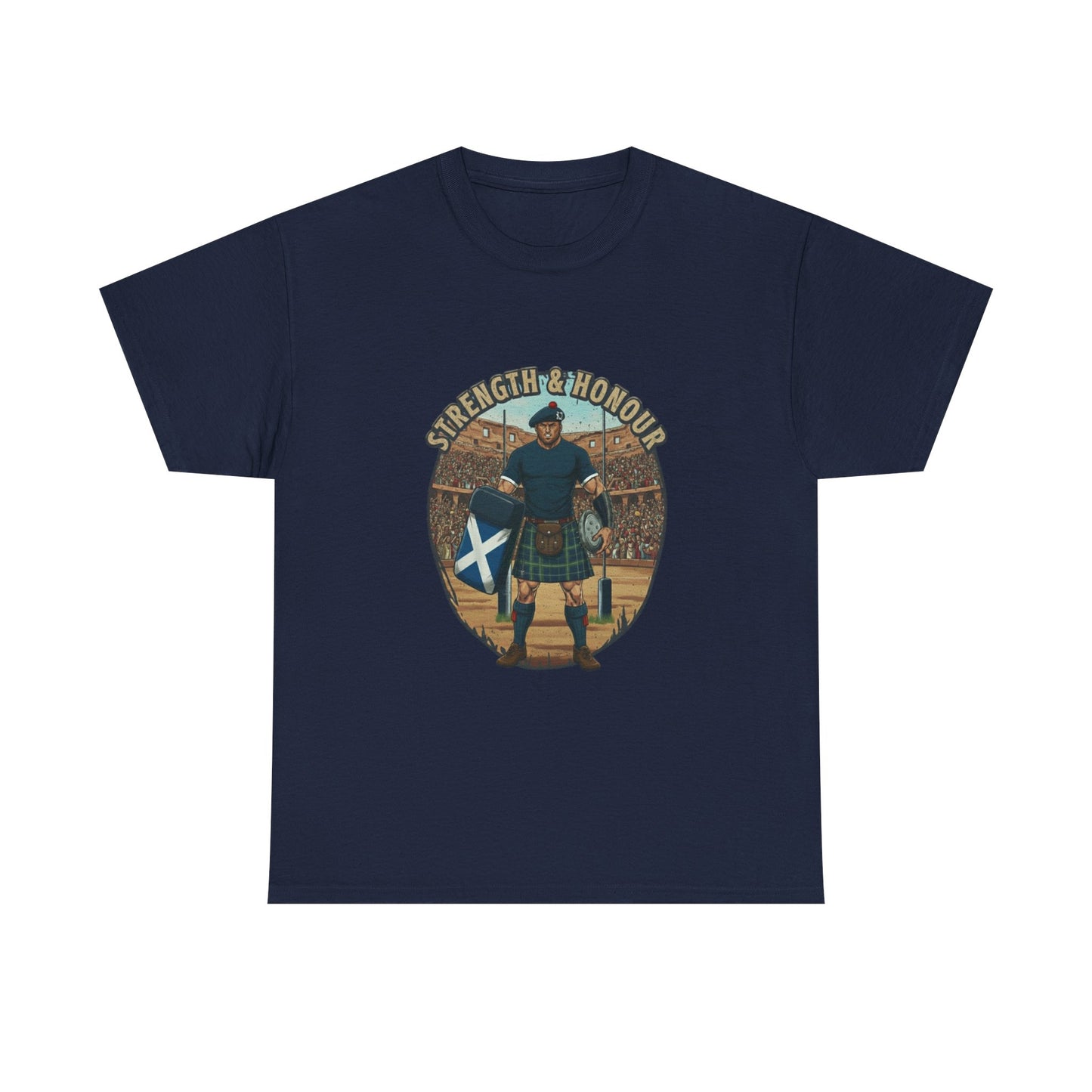 Navy t-shirt with a graphic of a Scottish rugby player wearing a kilt and `Strength & Honour` text on a white background