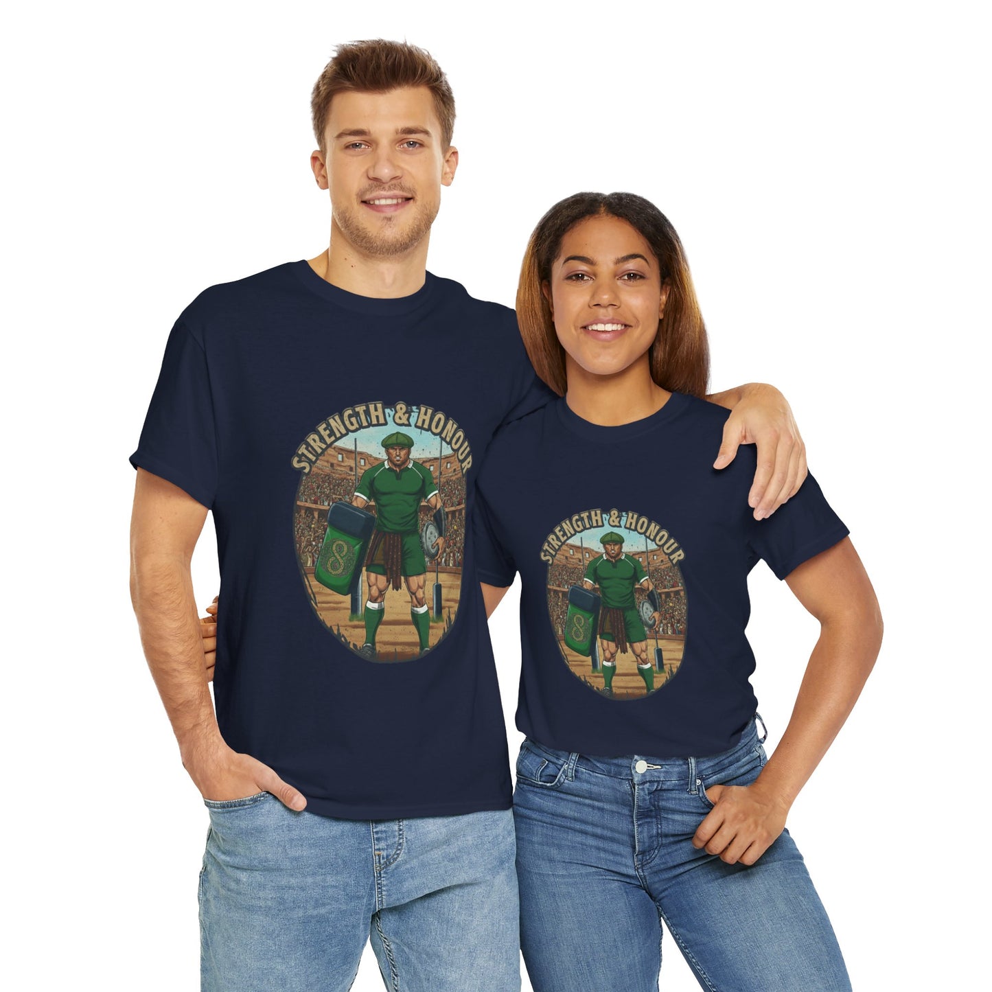Couple wearing Navy t-shirt with a graphic of a Irish rugby player with `Strength & Honour` text on a white background