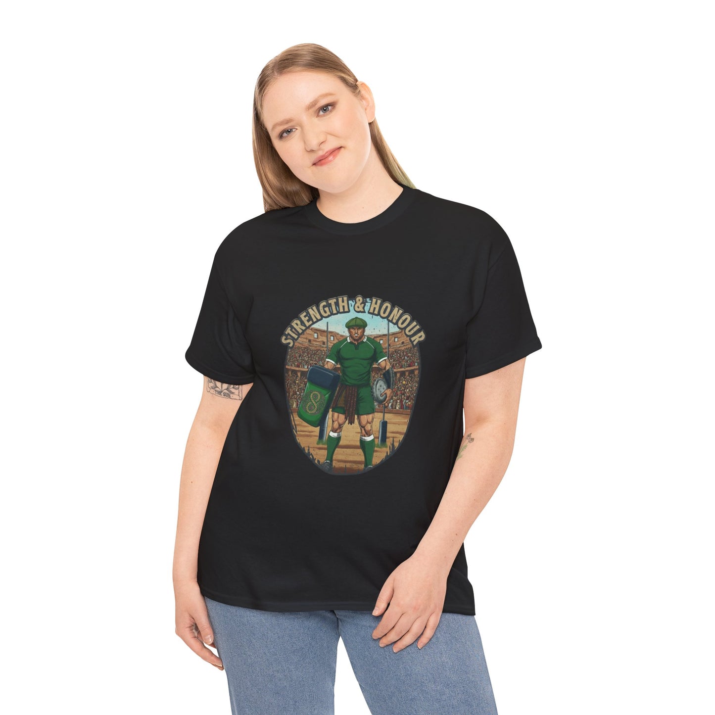 Woman wearing Black t-shirt with a graphic of a Irish rugby player with `Strength & Honour` text on a white background