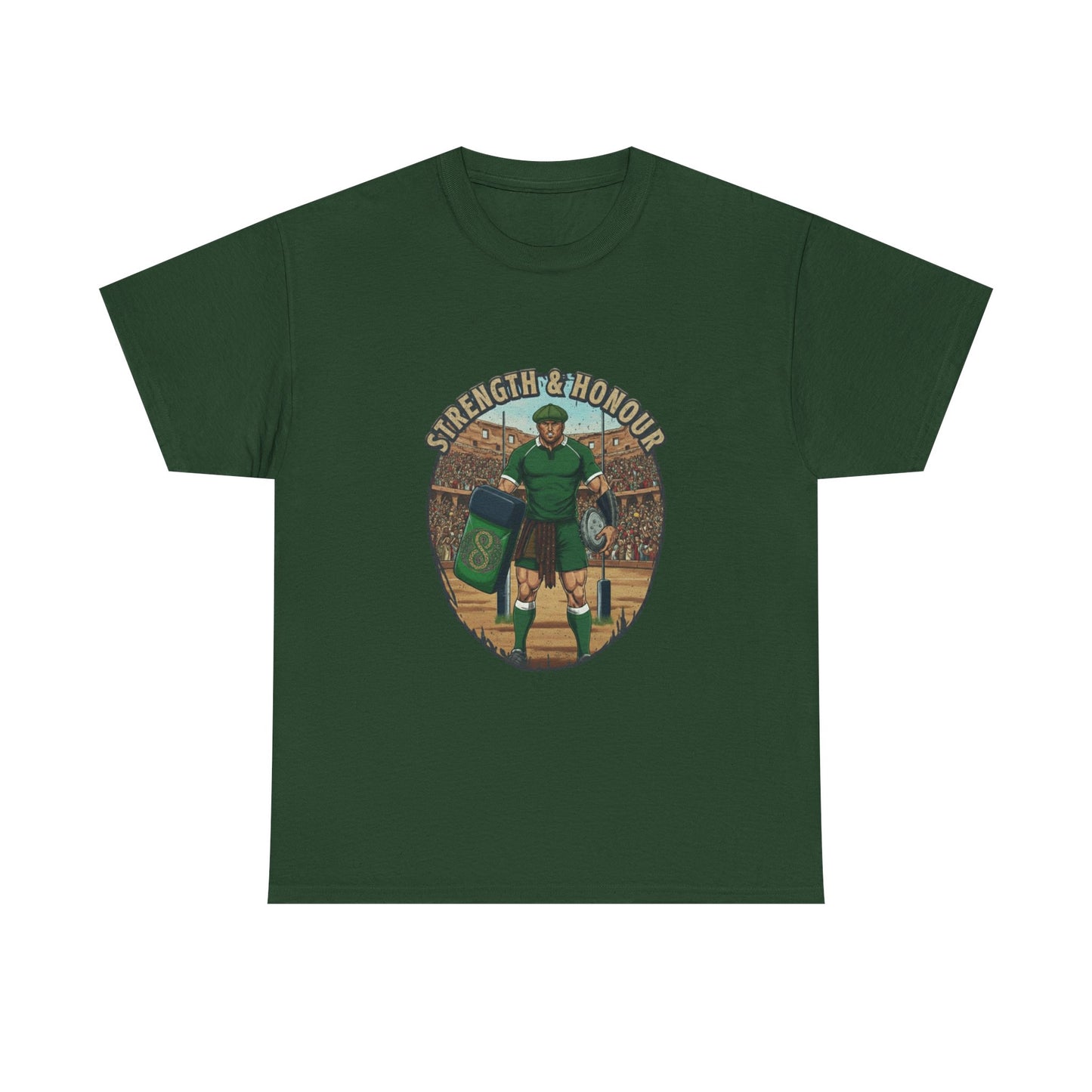 Green fan t-shirt with a graphic of a Irish rugby player with `Strength & Honour` text on a white background