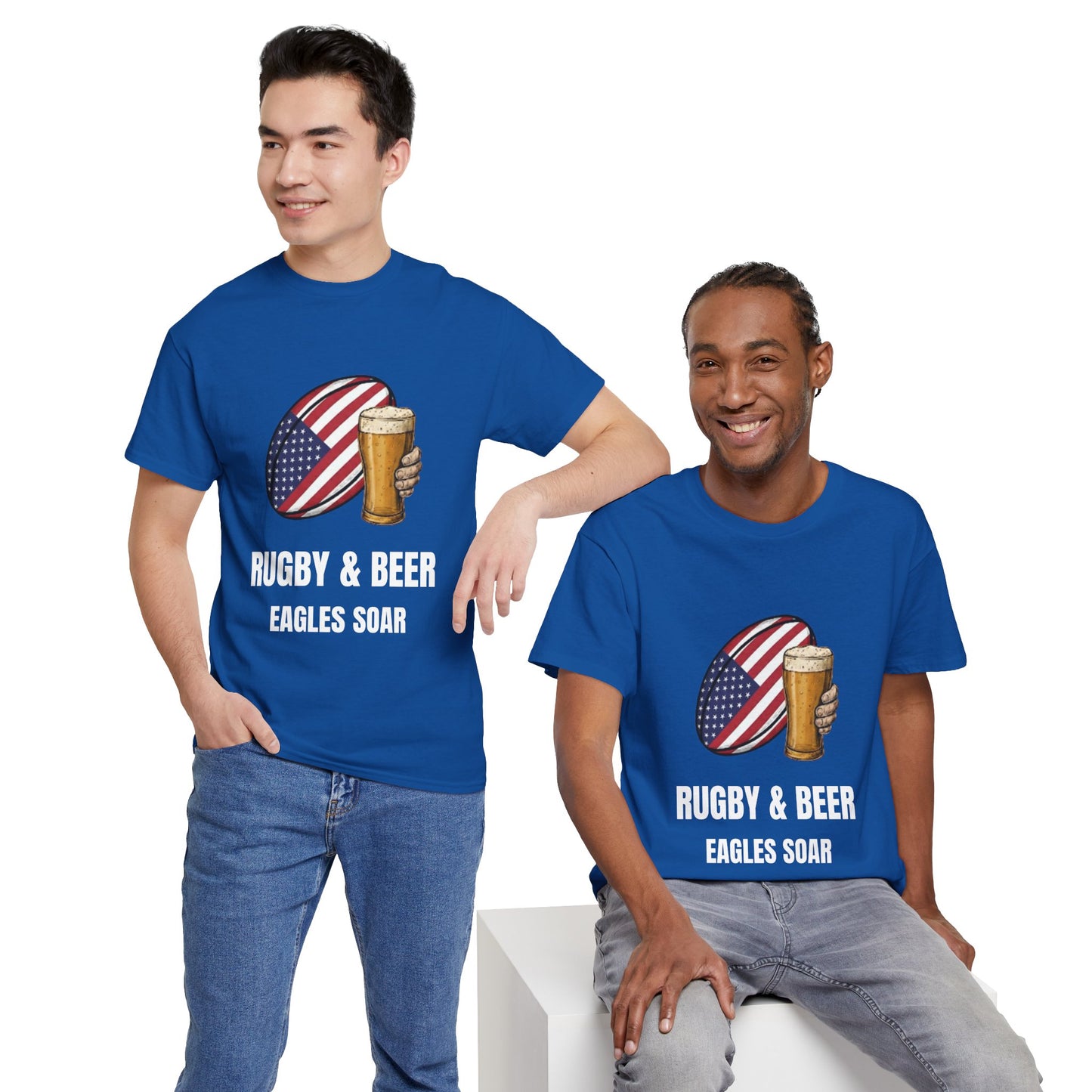 Two men wearing wearing Black Eagles Soar t-shirt with rugby and beer graphic and text on a white background