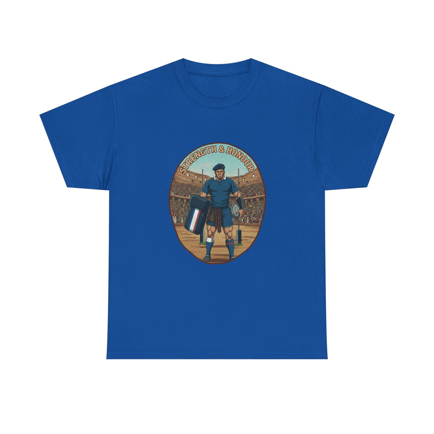 Blue t-shirt with a graphic of a French Rugby player with `Strength & Honour` text on a white background