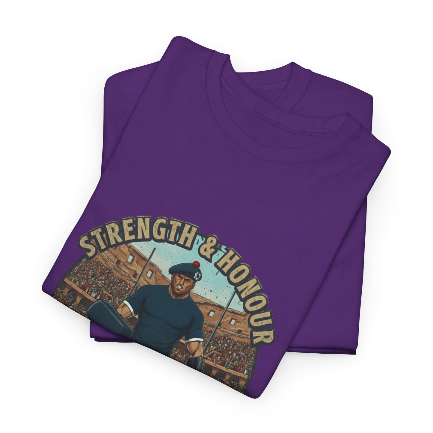 Folded Purple t-shirt with a graphic of a Scottish rugby player wearing a kilt and `Strength & Honour` text on a white background