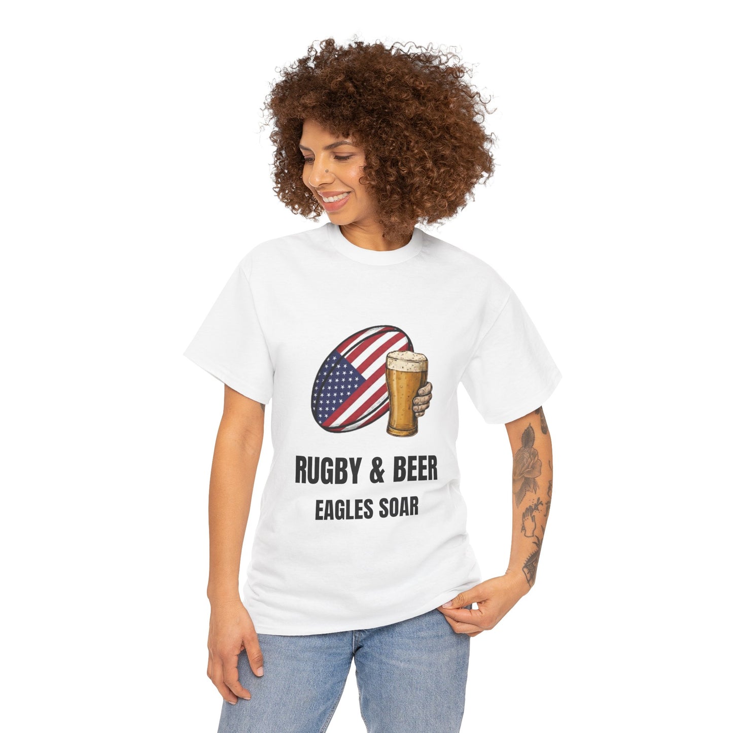 Woman wearing White Eagles Soar t-shirt with rugby and beer graphic and text on a white background