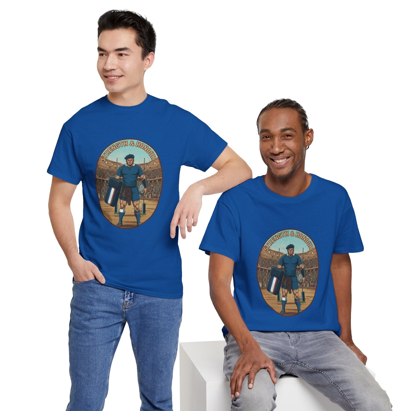 Two men wearing a blue French Rugby Fan t-shirt with `Strength & Honour` text on a white background