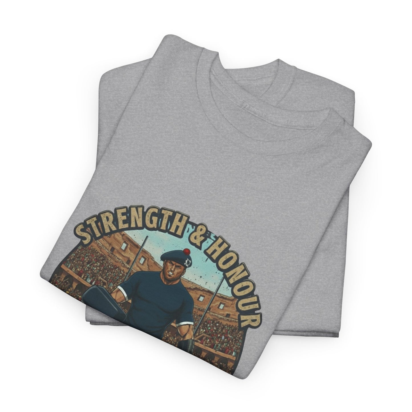 Folded grey t-shirt with a graphic of a Scottish rugby player wearing a kilt and `Strength & Honour` text on a white background