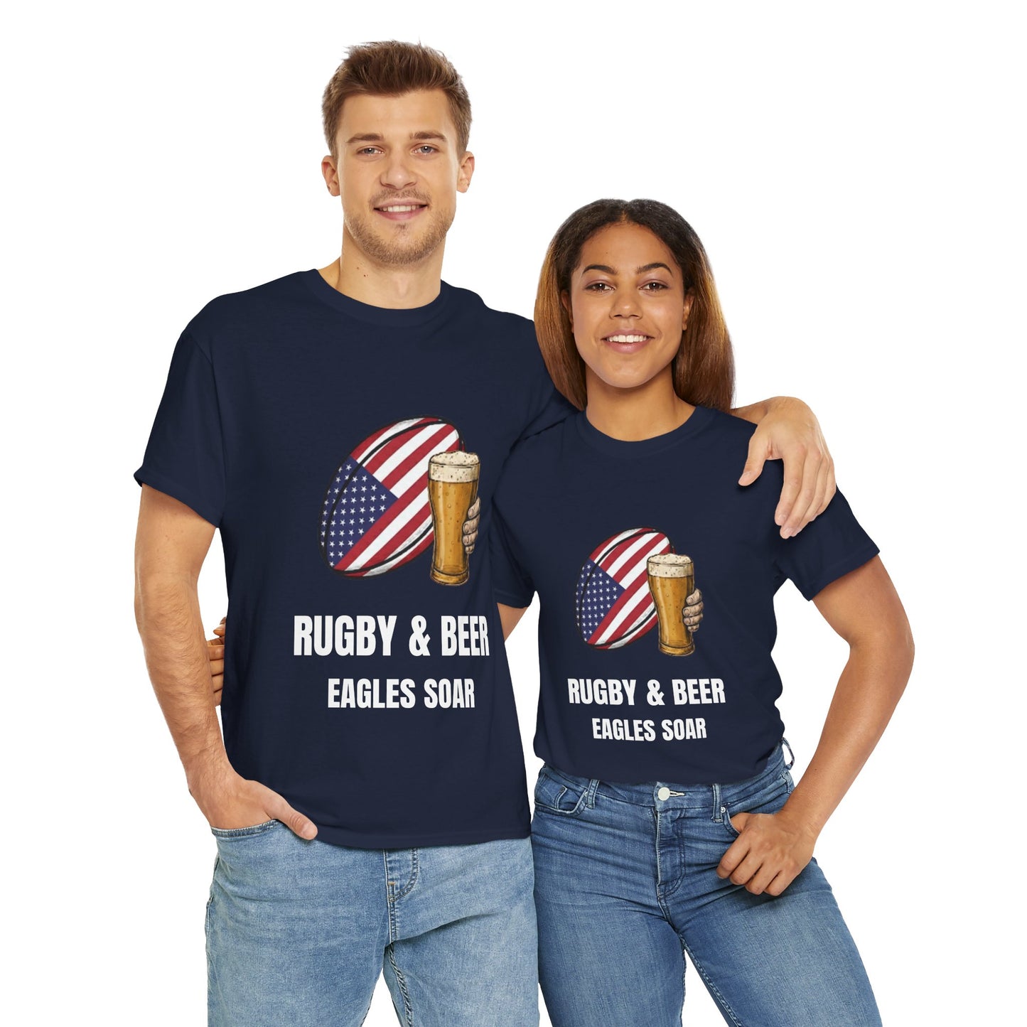 Couple wearing Navy blue Eagles Soar t-shirt with rugby and beer graphic and text on a white background