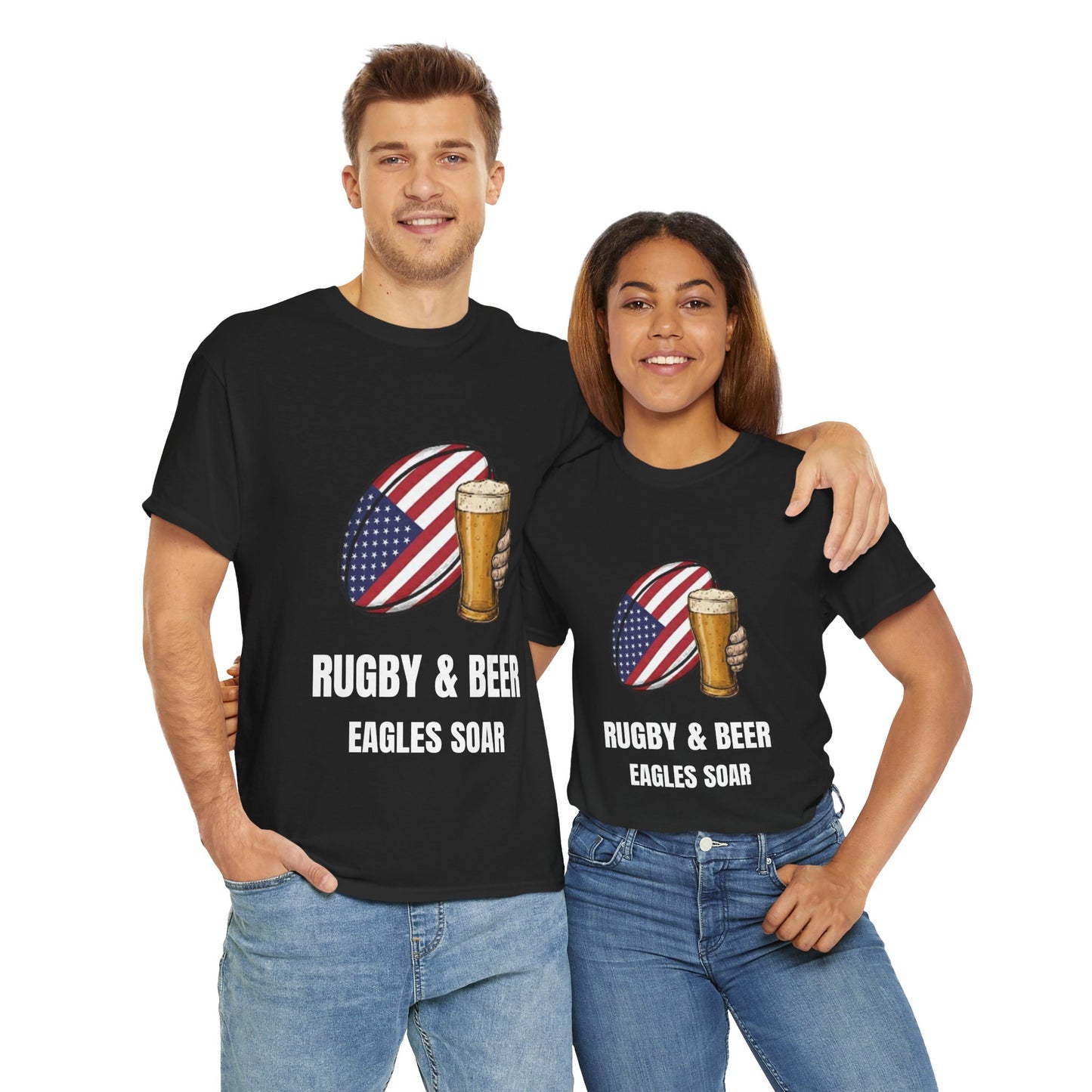 Couple wearing Black Eagles Soar t-shirt with rugby and beer graphic and text on a white background