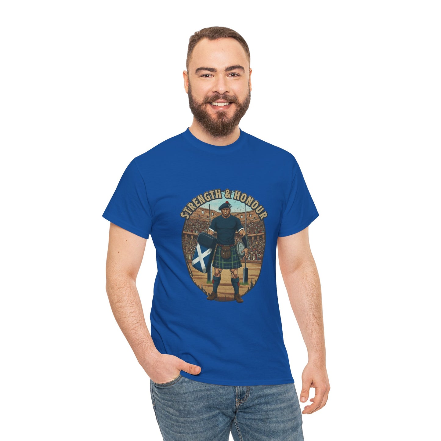 Man wearing a Blue t-shirt with a graphic of a Scottish rugby player wearing a kilt and `Strength & Honour` text on a white background