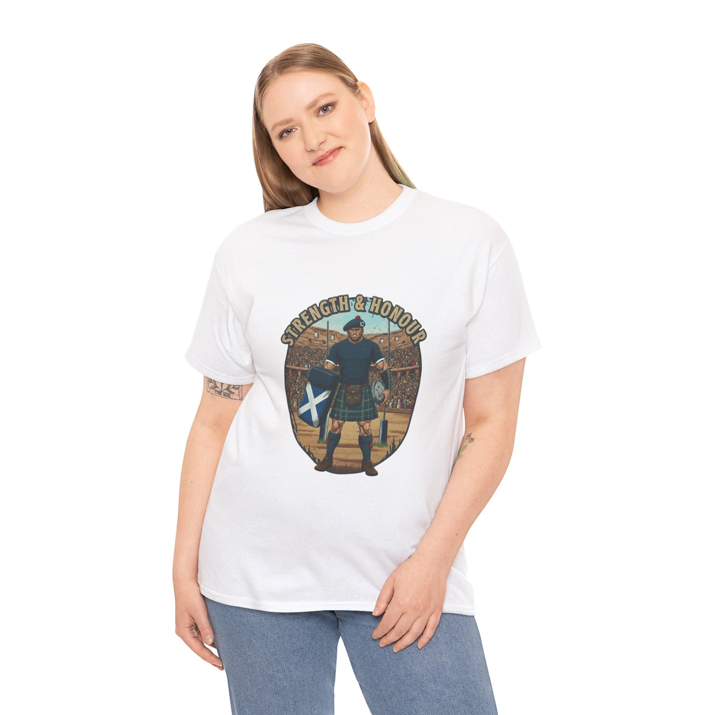 Woman wearing a White t-shirt with a graphic of a Scottish rugby player wearing a kilt and `Strength & Honour` text on a white background