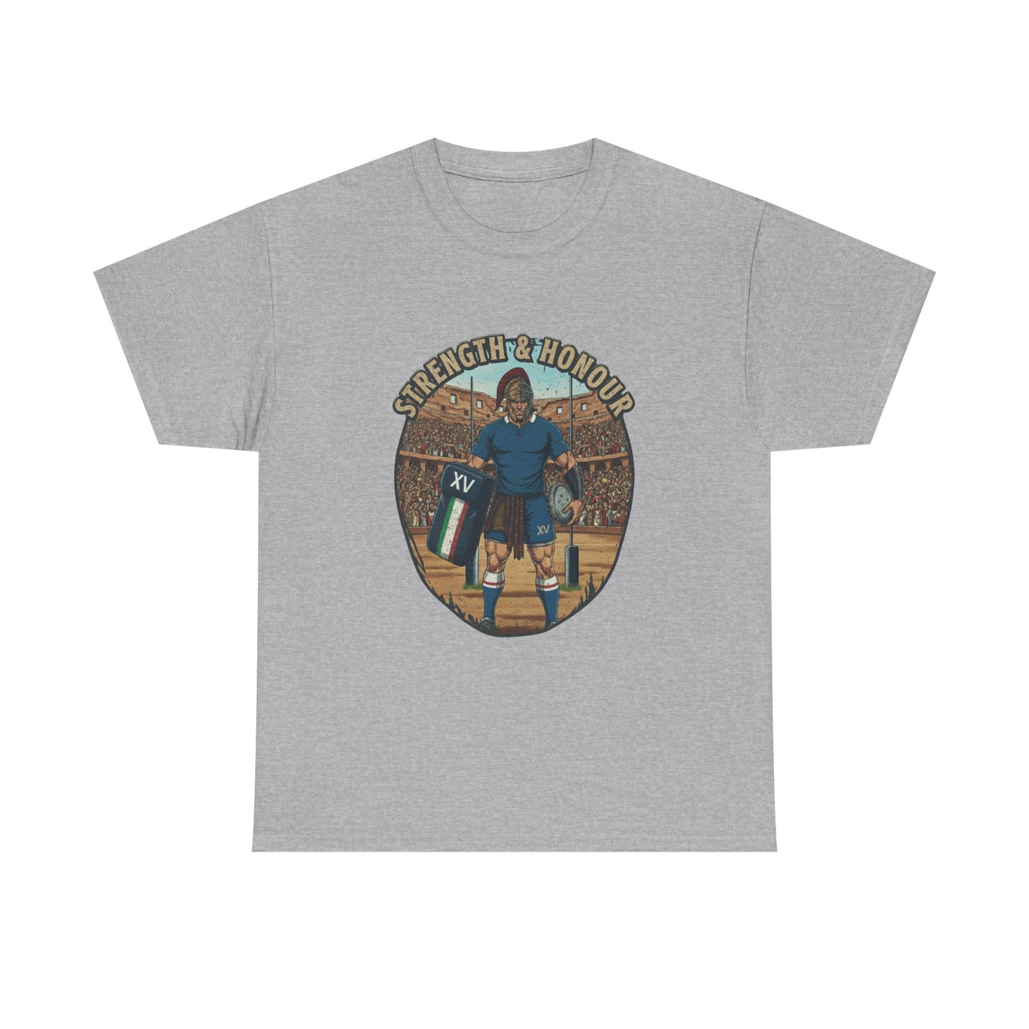 Light grey t-shirt with a graphic of an Italian rugby player with `Strength & Honour` text on a white background