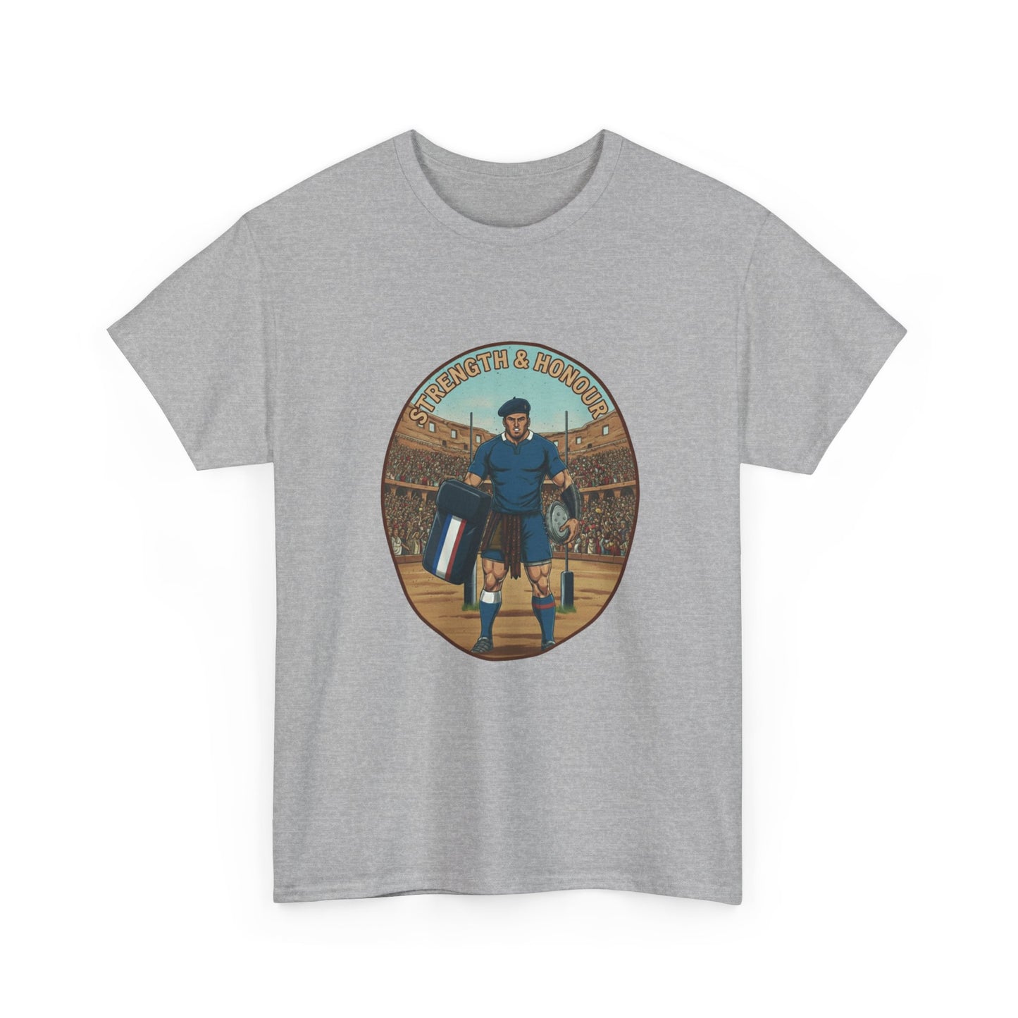 Grey t-shirt with a graphic of a French rugby player and `Strength & Honour` text on a white background