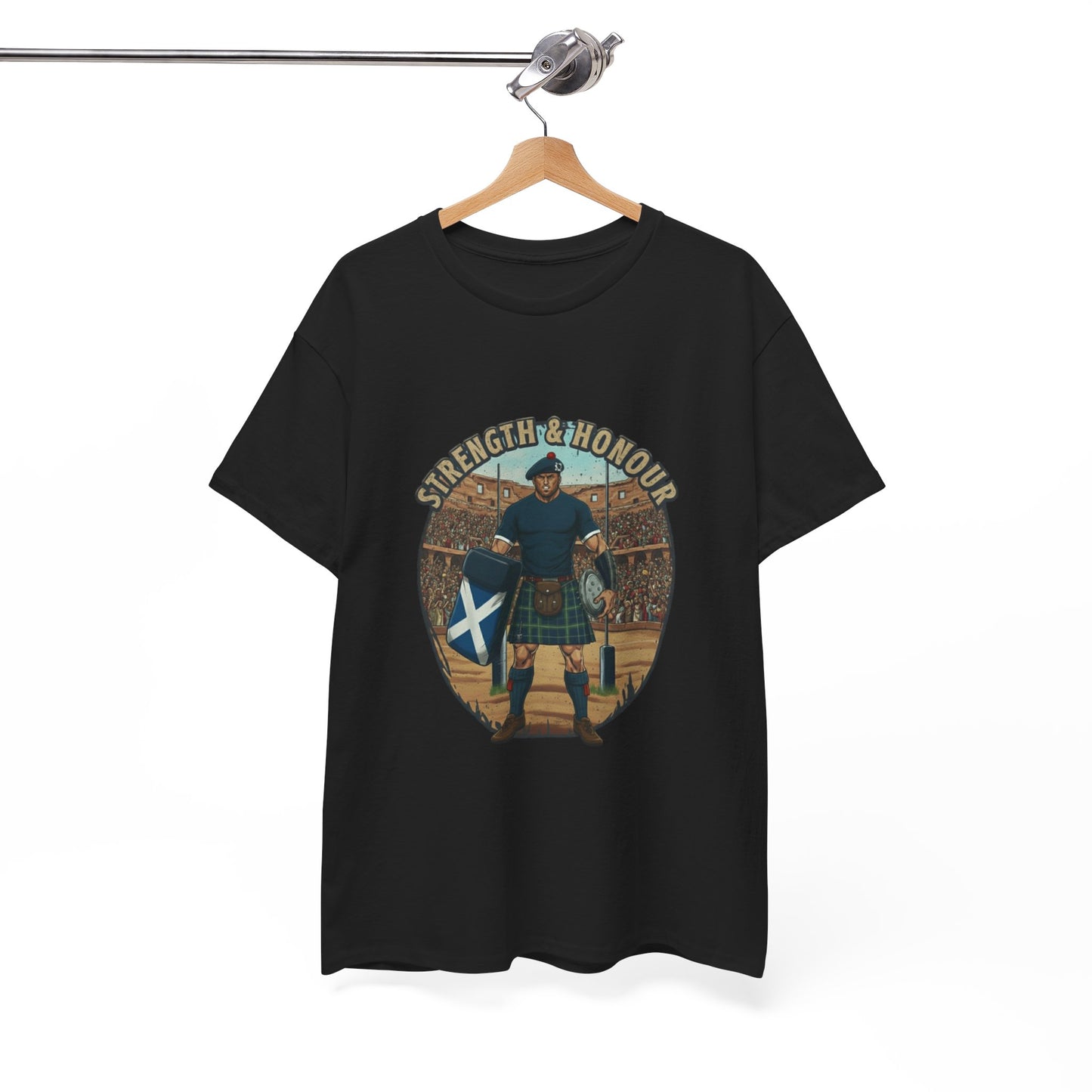 Black t-shirt with a graphic of a Scottish rugby player wearing a kilt and `Strength & Honour` text on a white background, on a hanger.