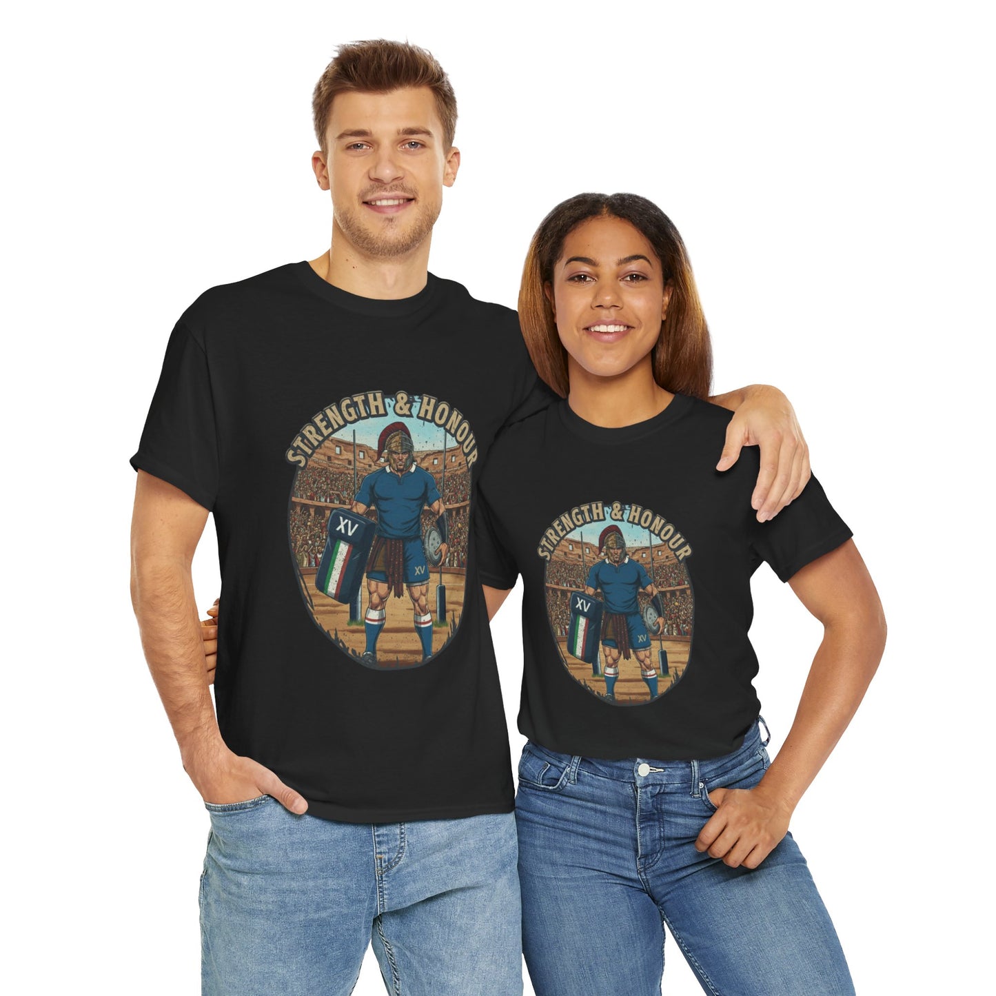 Couple wearing Black t-shirt with a graphic of an Italian rugby player with `Strength & Honour` text on a white background