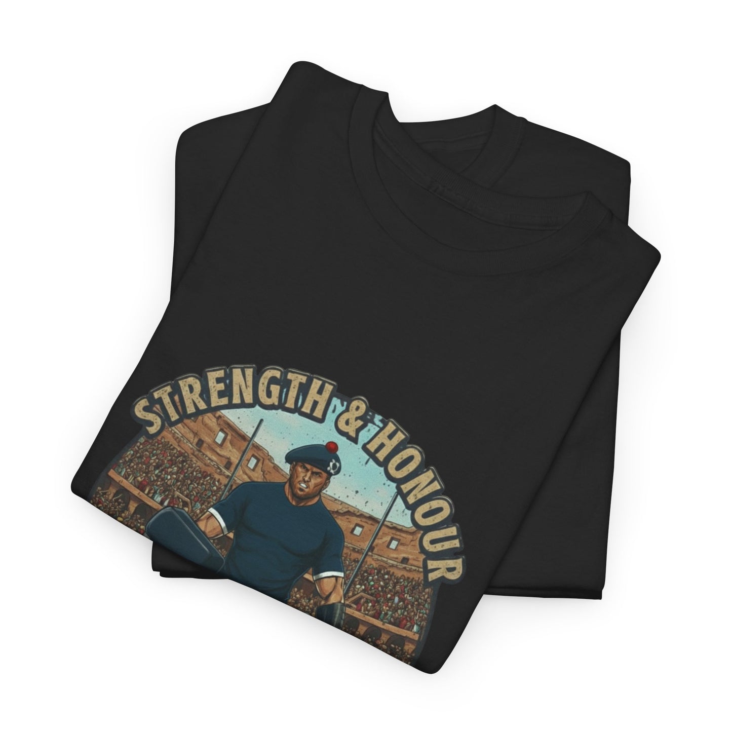 Folded Black t-shirt with a graphic of a Scottish rugby player wearing a kilt and `Strength & Honour` text on a white background