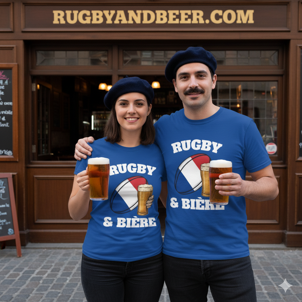 Couple wearing France Rugby & Beer T-shirts in blue, inspired by French rugby flair and spirit.