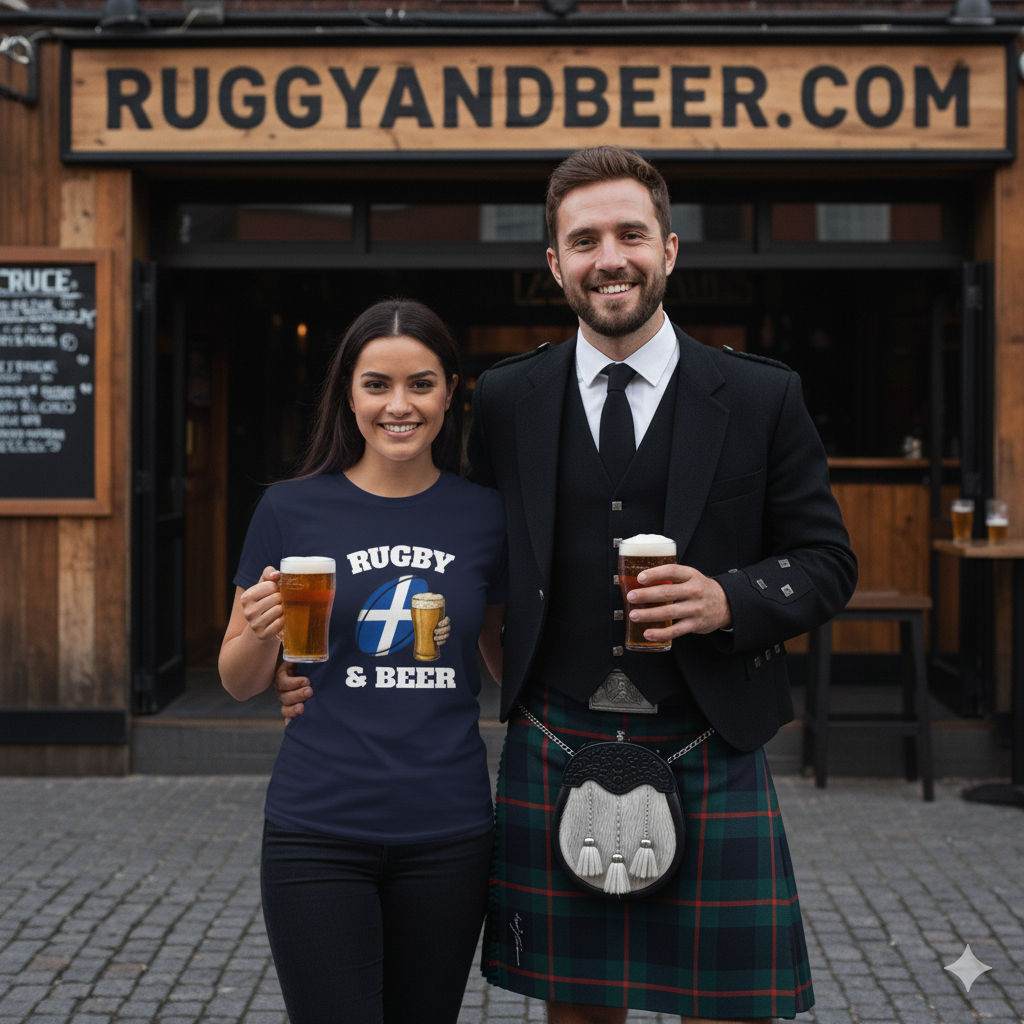Couple wearing Scotland Rugby & Beer T-shirts in navy blue, representing Scottish rugby fans.